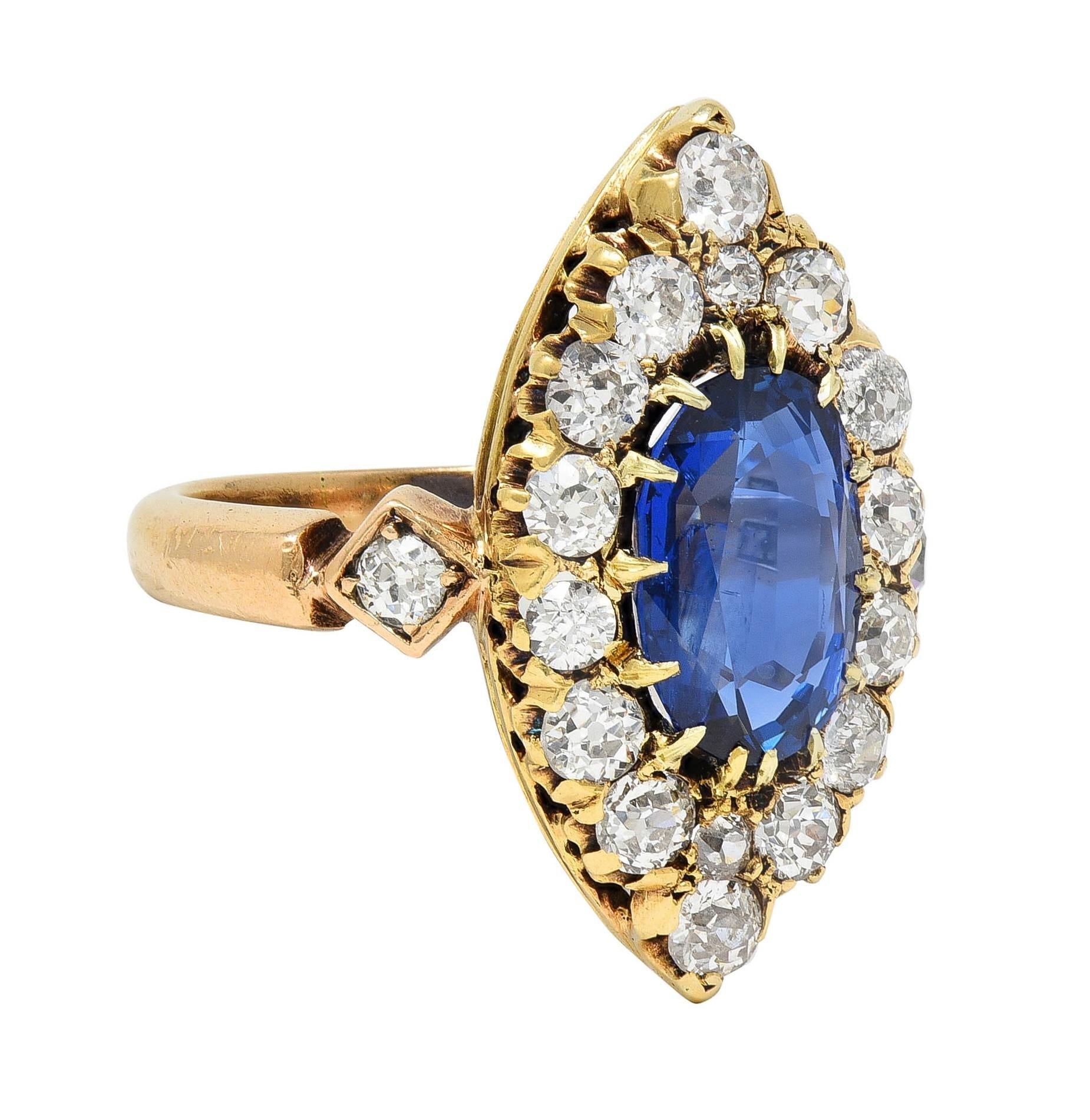 Victorian No Heat Burma Sapphire Diamond 14K Gold Antique Navette Cluster Ring