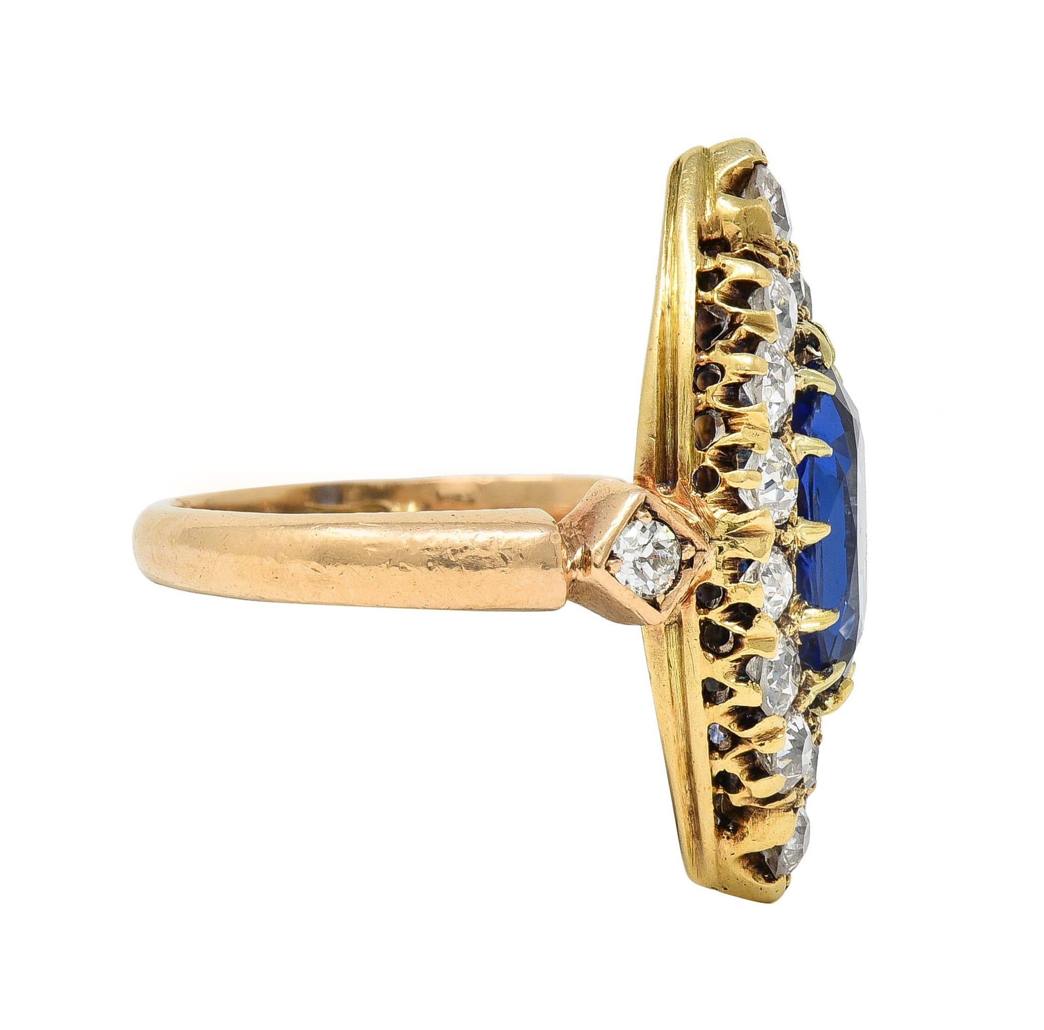 Victorian No Heat Burma Sapphire Diamond 14K Gold Antique Navette Cluster Ring