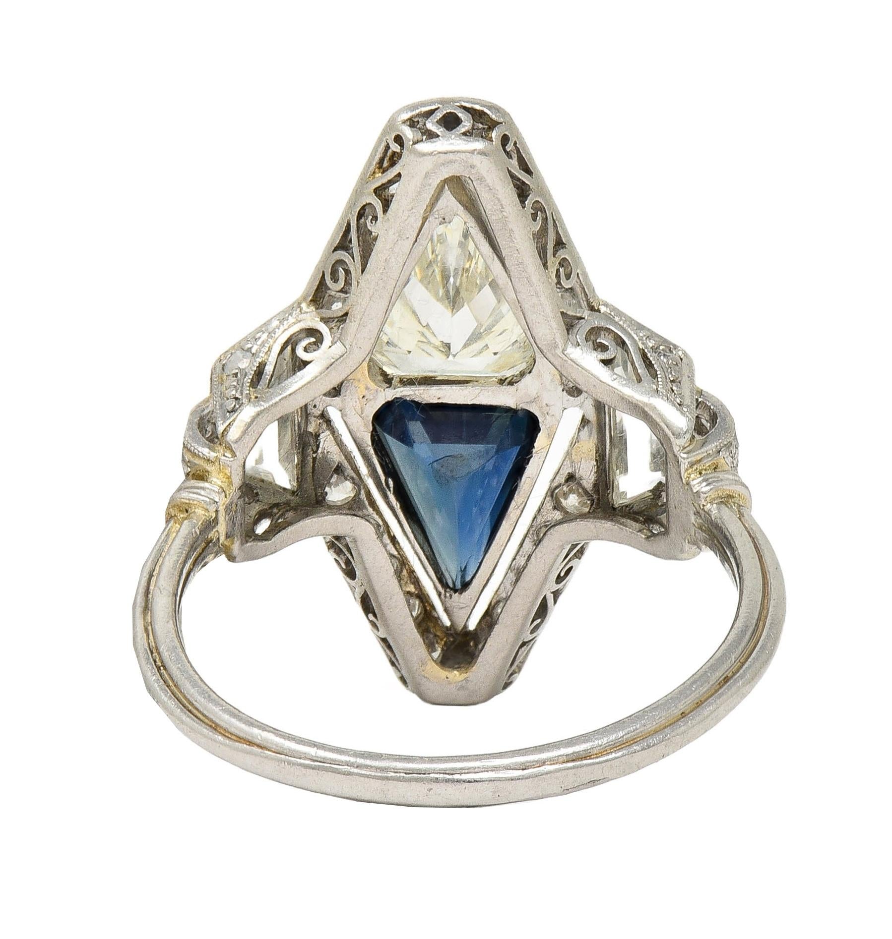 Art Deco Sapphire Diamond Platinum Antique Scrolling Navette Dinner Ring