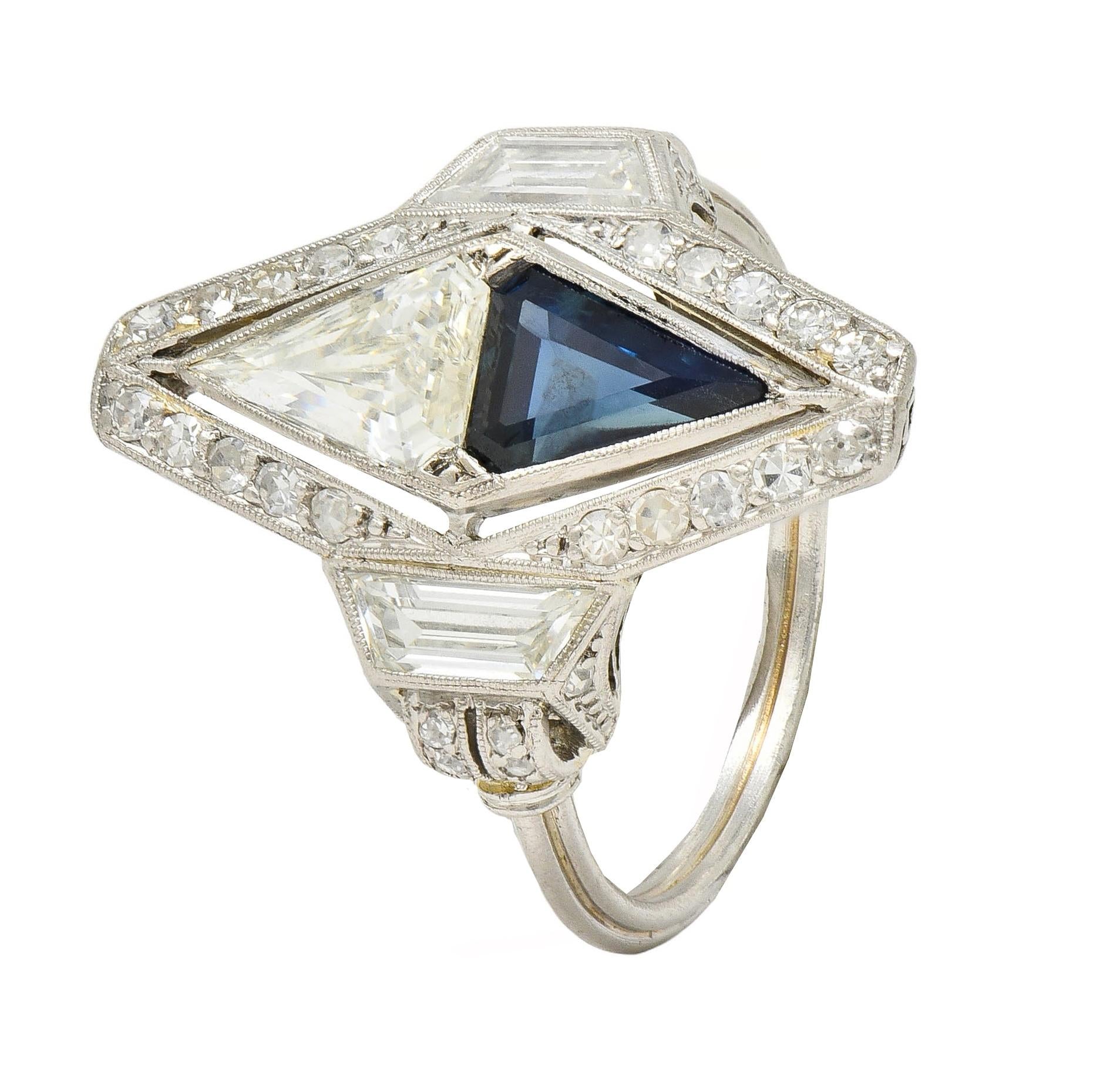 Art Deco Sapphire Diamond Platinum Antique Scrolling Navette Dinner Ring