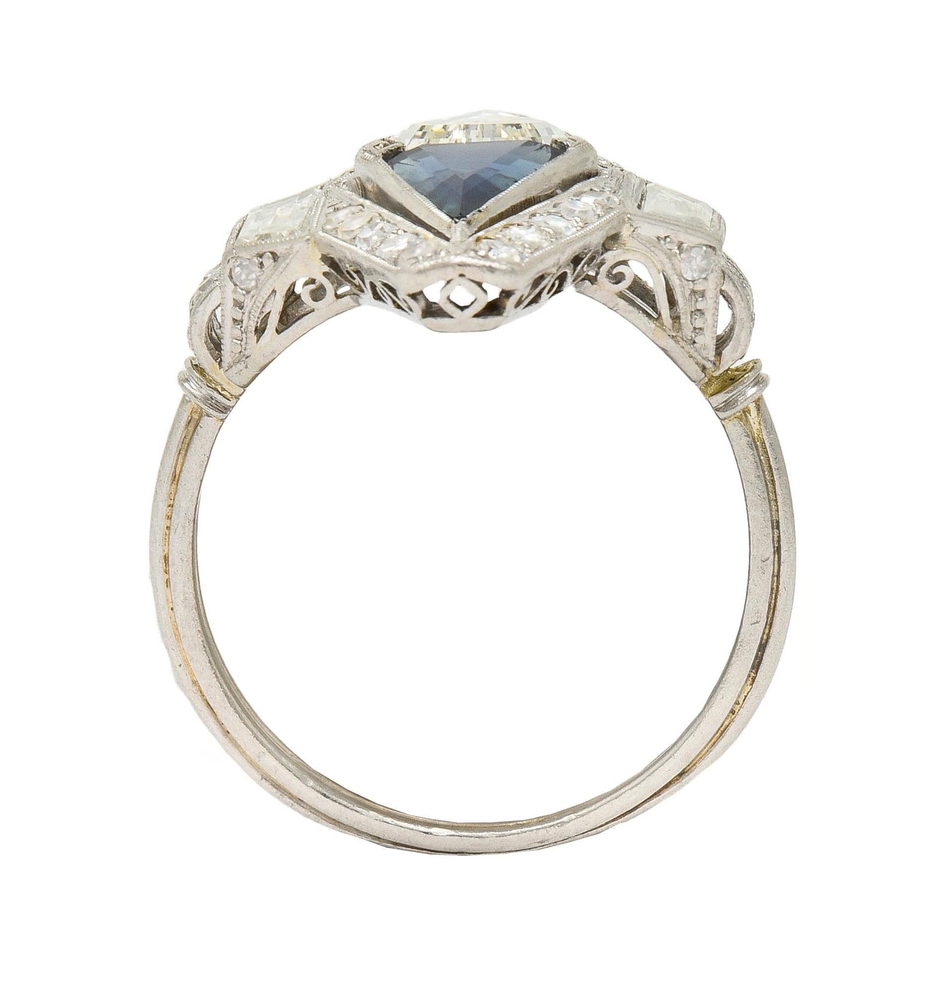 Art Deco Sapphire Diamond Platinum Antique Scrolling Navette Dinner Ring