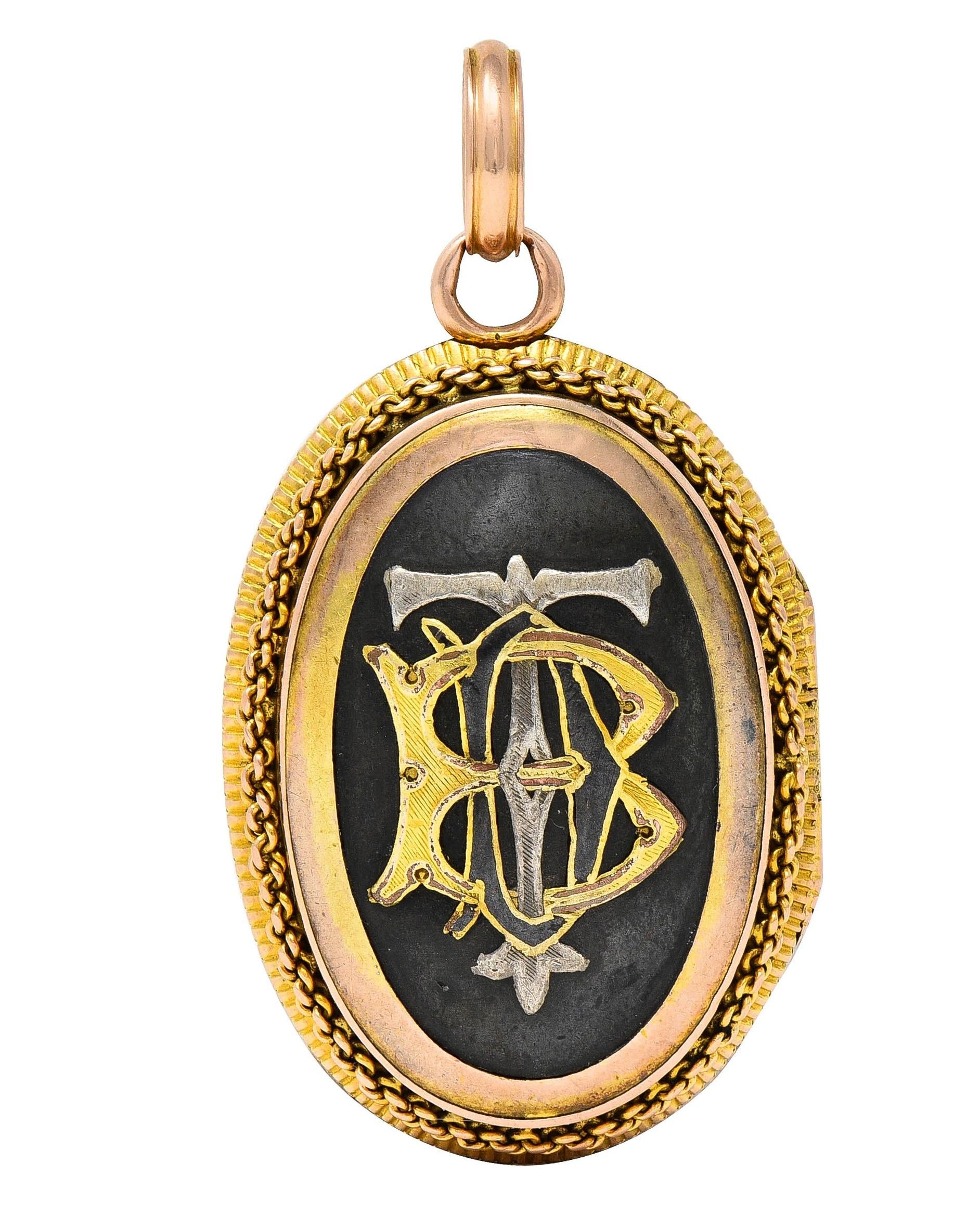 Victorian Shakudo 14 Karat Yellow Gold Antique Monogram Portrait Locket Pendant