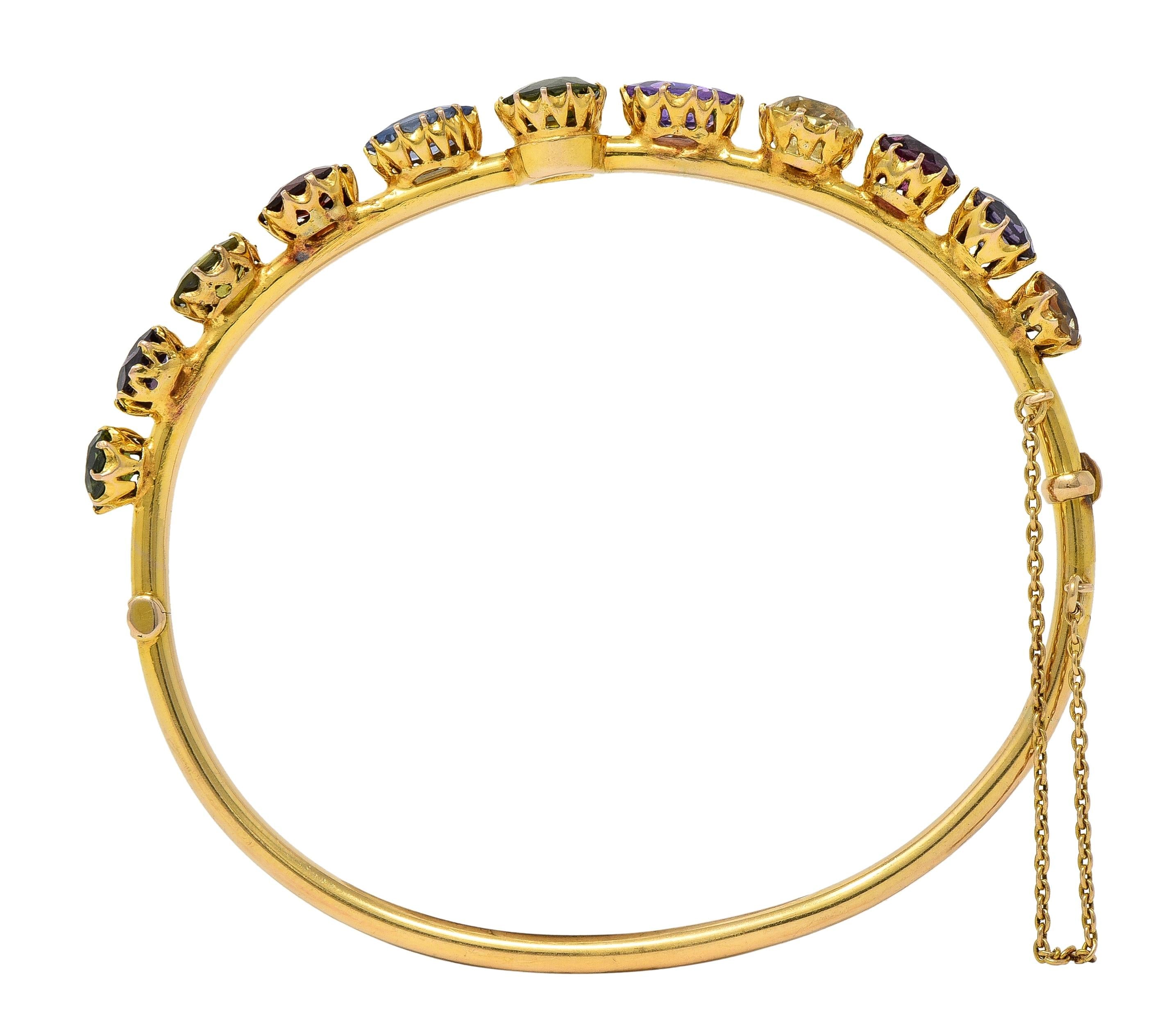 Victorian 16.38 CTW Sapphire Garnet 14K Gold Antique Harlequin Bangle Bracelet
