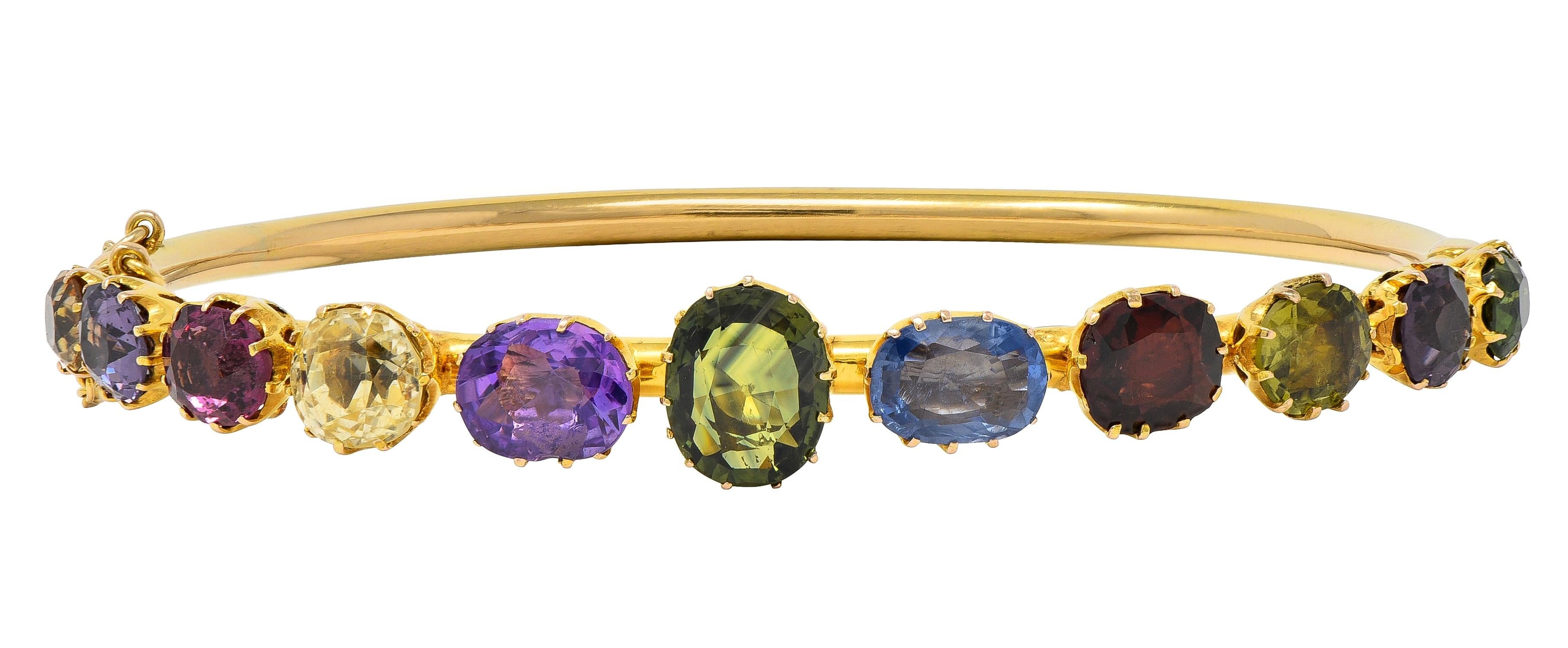 Victorian 16.38 CTW Sapphire Garnet 14K Gold Antique Harlequin Bangle Bracelet