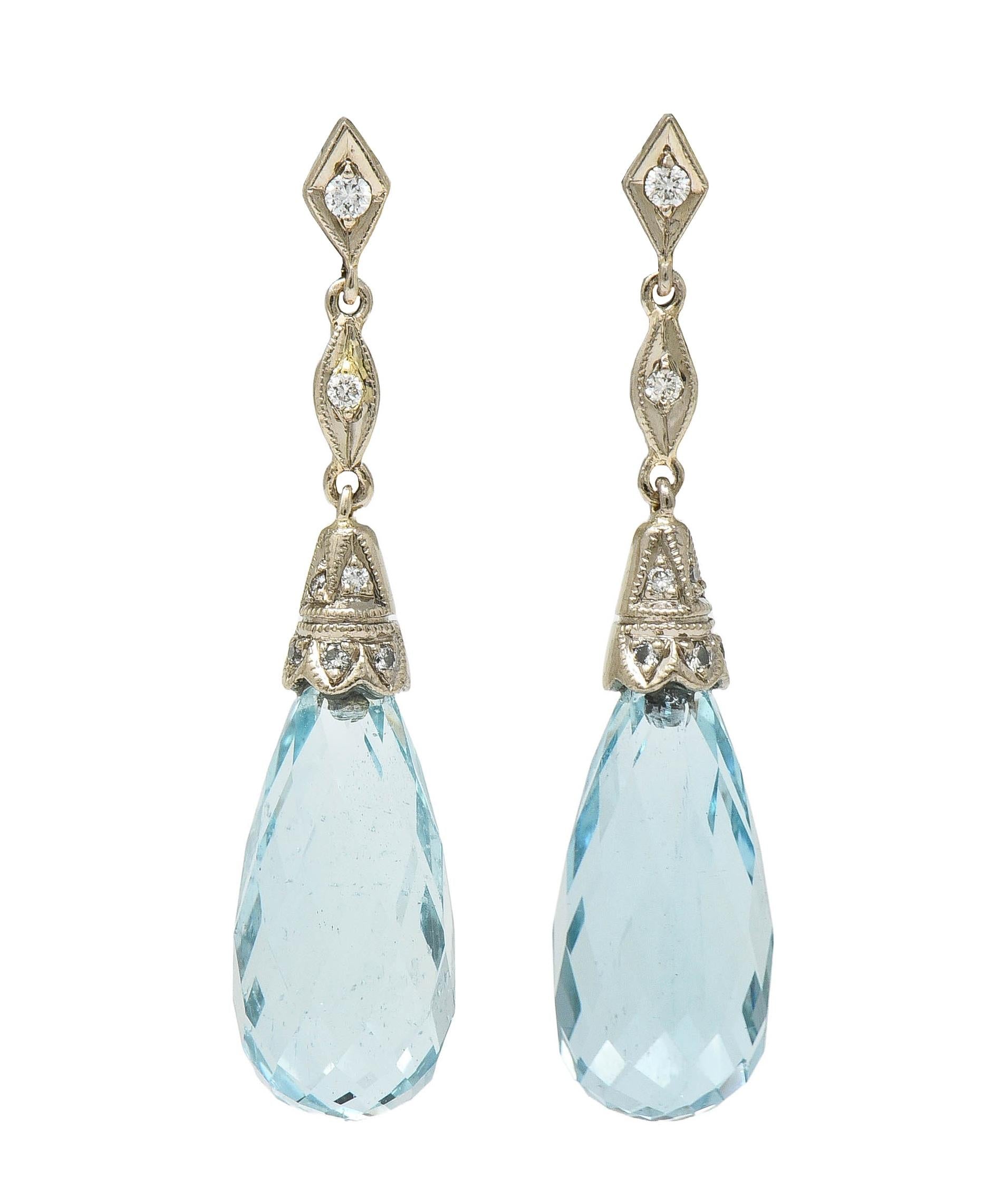 8.90 CTW Aquamarine Diamond 18K Gold Vintage Briolette Drop Earrings