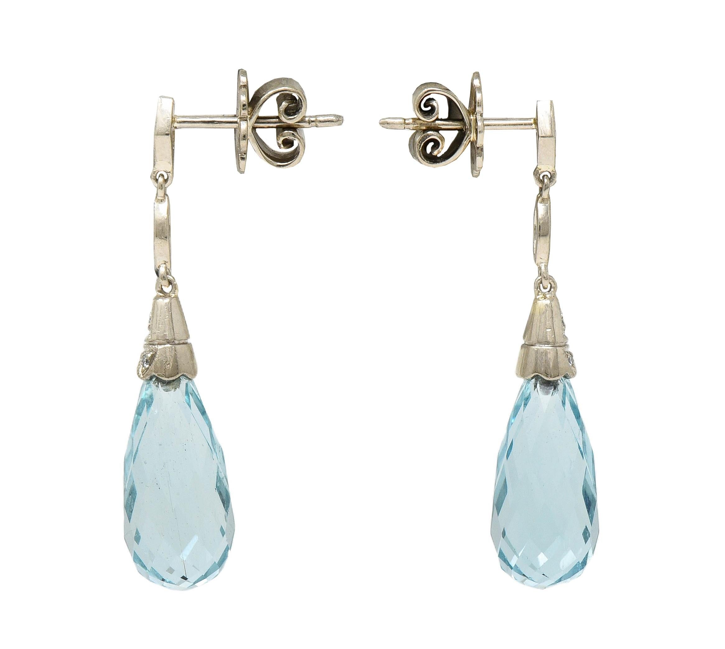 8.90 CTW Aquamarine Diamond 18K Gold Vintage Briolette Drop Earrings