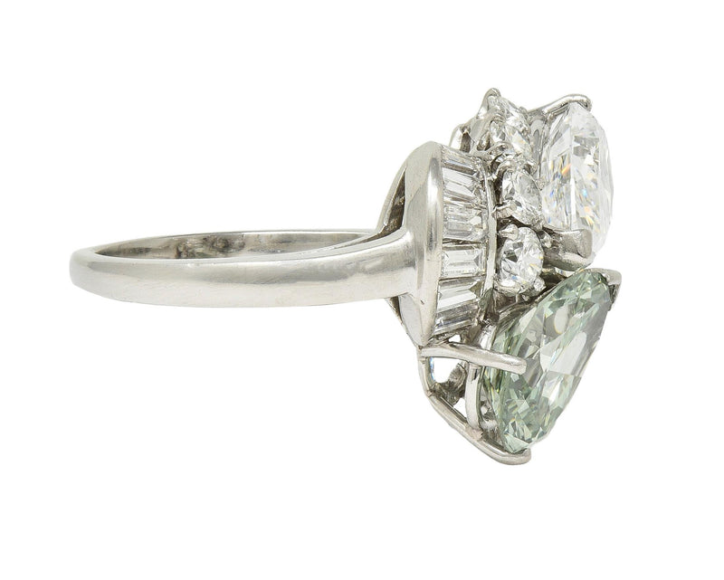 Mid-Century 5.13 CTW Fancy Green Diamond Platinum Toi-Et-Moi Bypass Vintage Ring