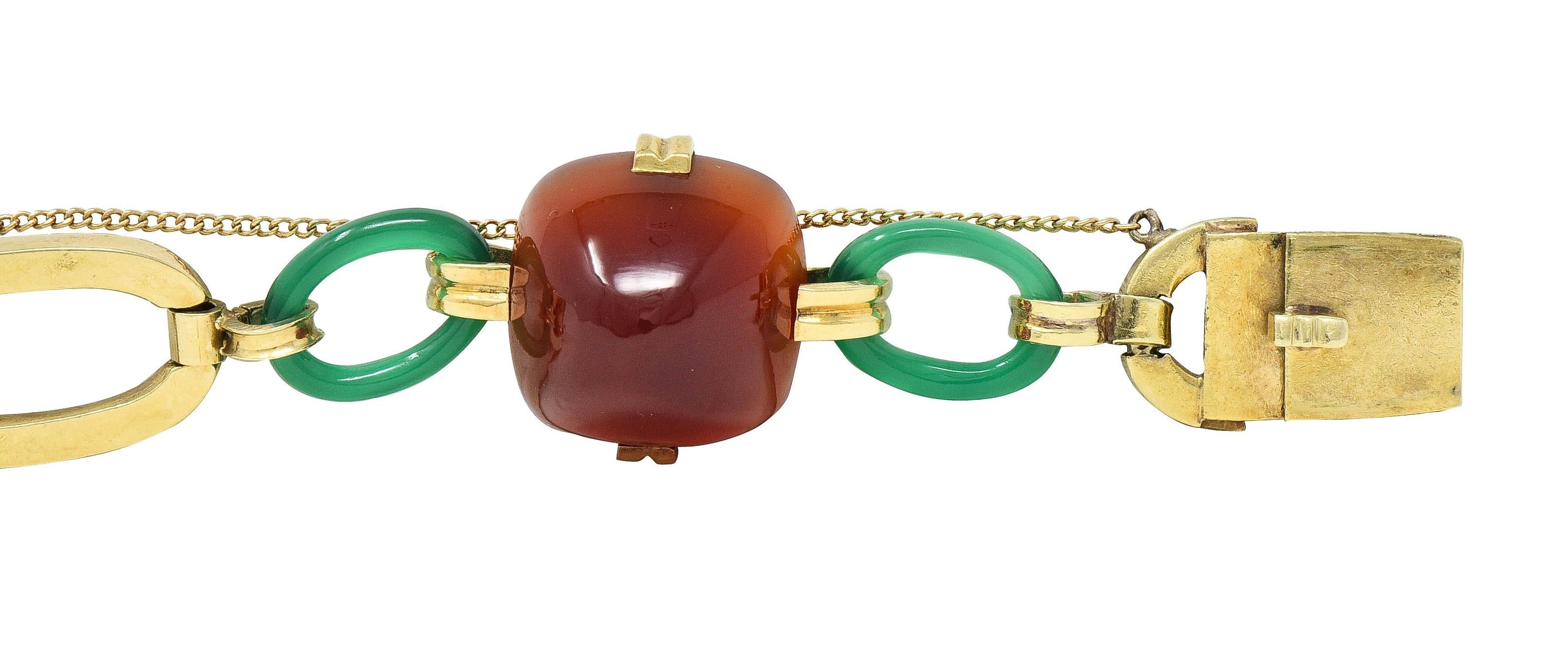 Carrington Co Art Deco Carnelian Chrysoprase 14 Karat Gold Antique Link Bracelet