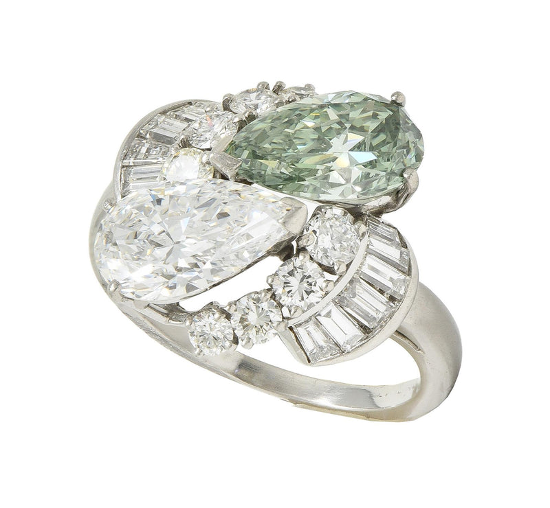 Mid-Century 5.13 CTW Fancy Green Diamond Platinum Toi-Et-Moi Bypass Vintage Ring