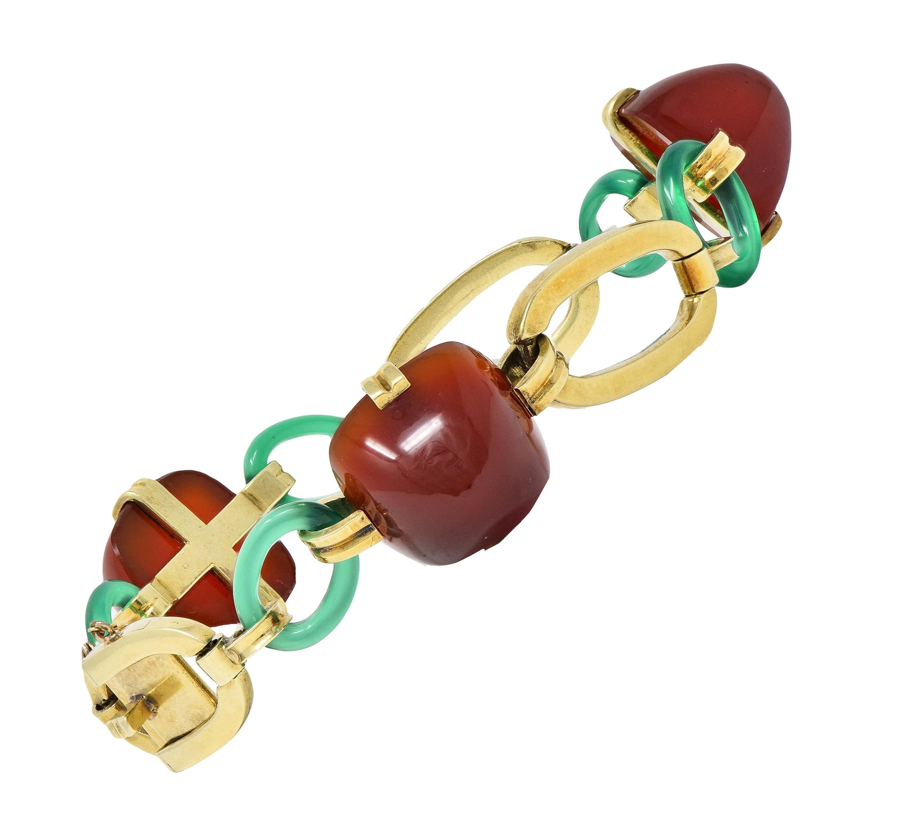 Carrington Co Art Deco Carnelian Chrysoprase 14 Karat Gold Antique Link Bracelet