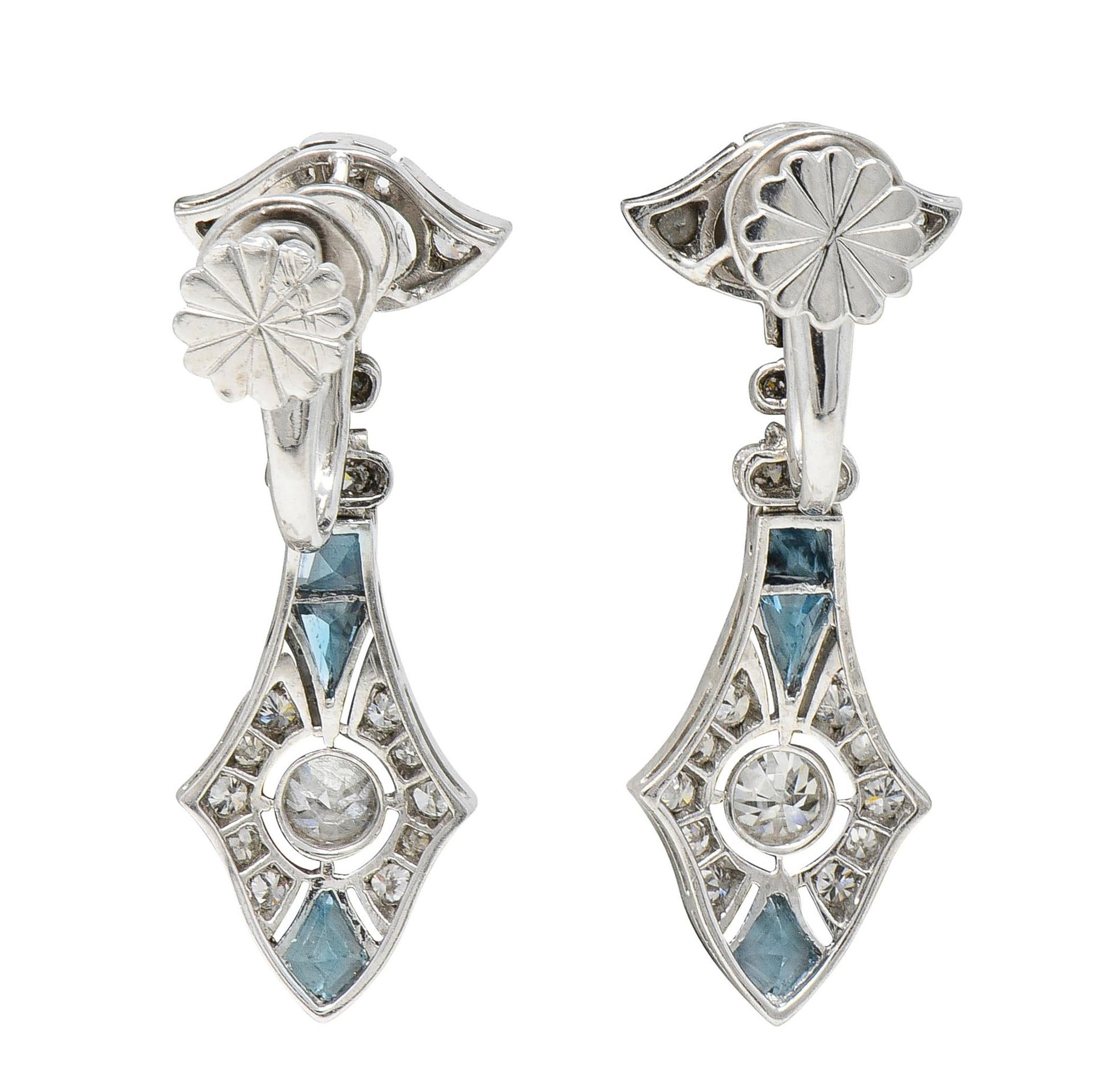 Art Deco Diamond Aquamarine Platinum Vintage Screwback Drop Earrings