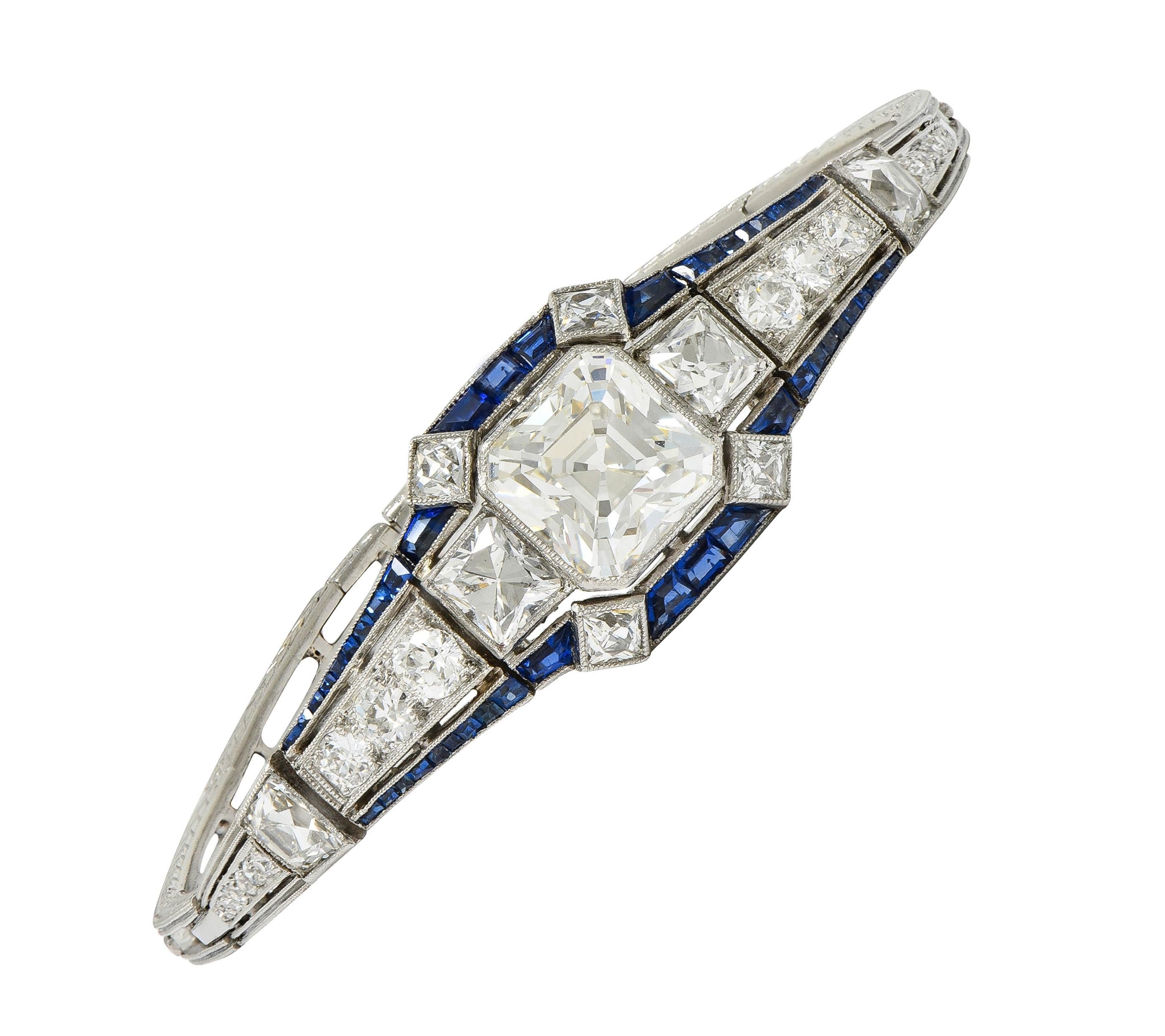 Art Deco 7.32 CTW Asscher Diamond Sapphire Platinum Vintage Panel Line Bracelet