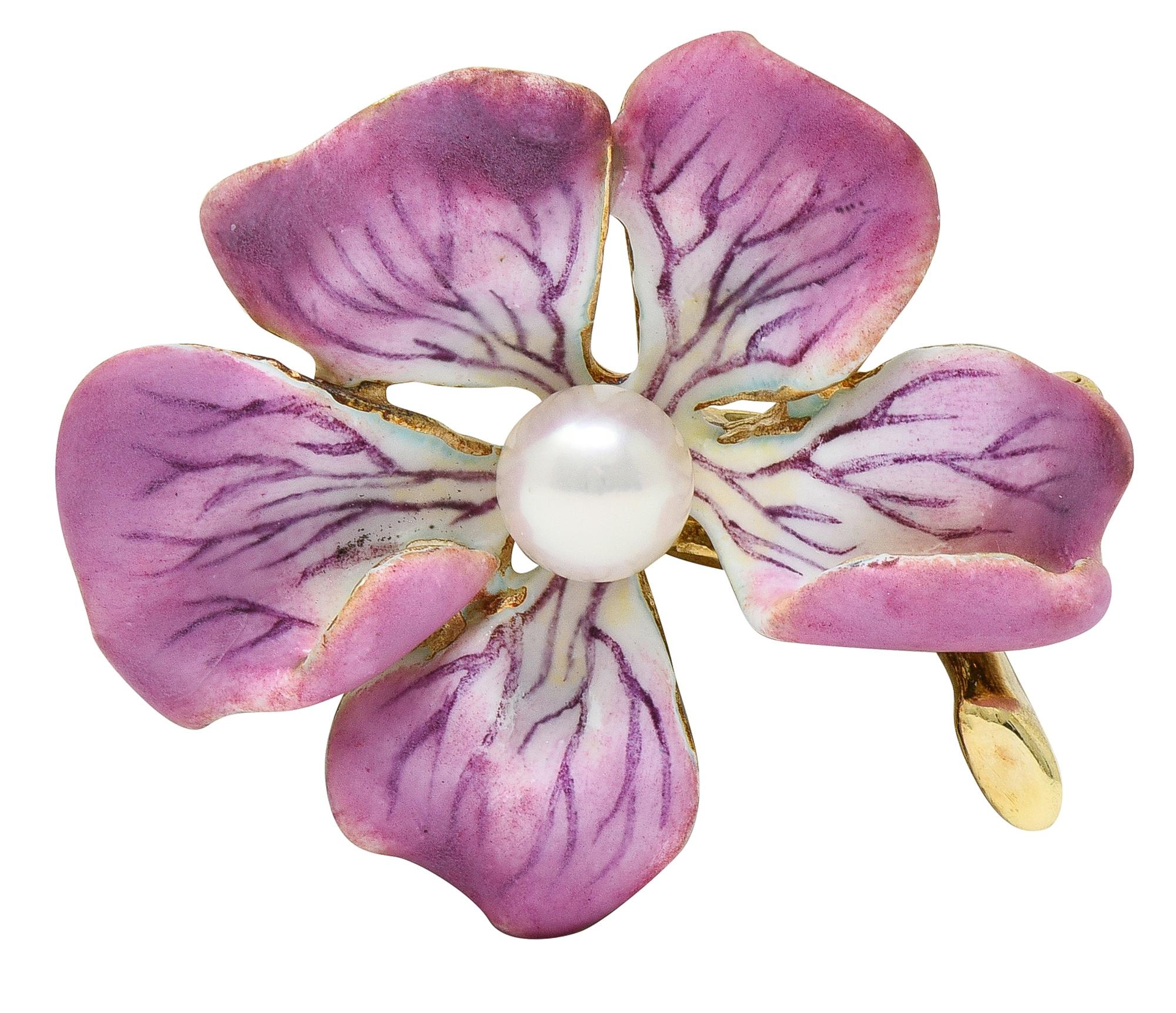 Art Nouveau Painted Enamel Pearl 14 Karat Yellow Gold Antique Flower Brooch