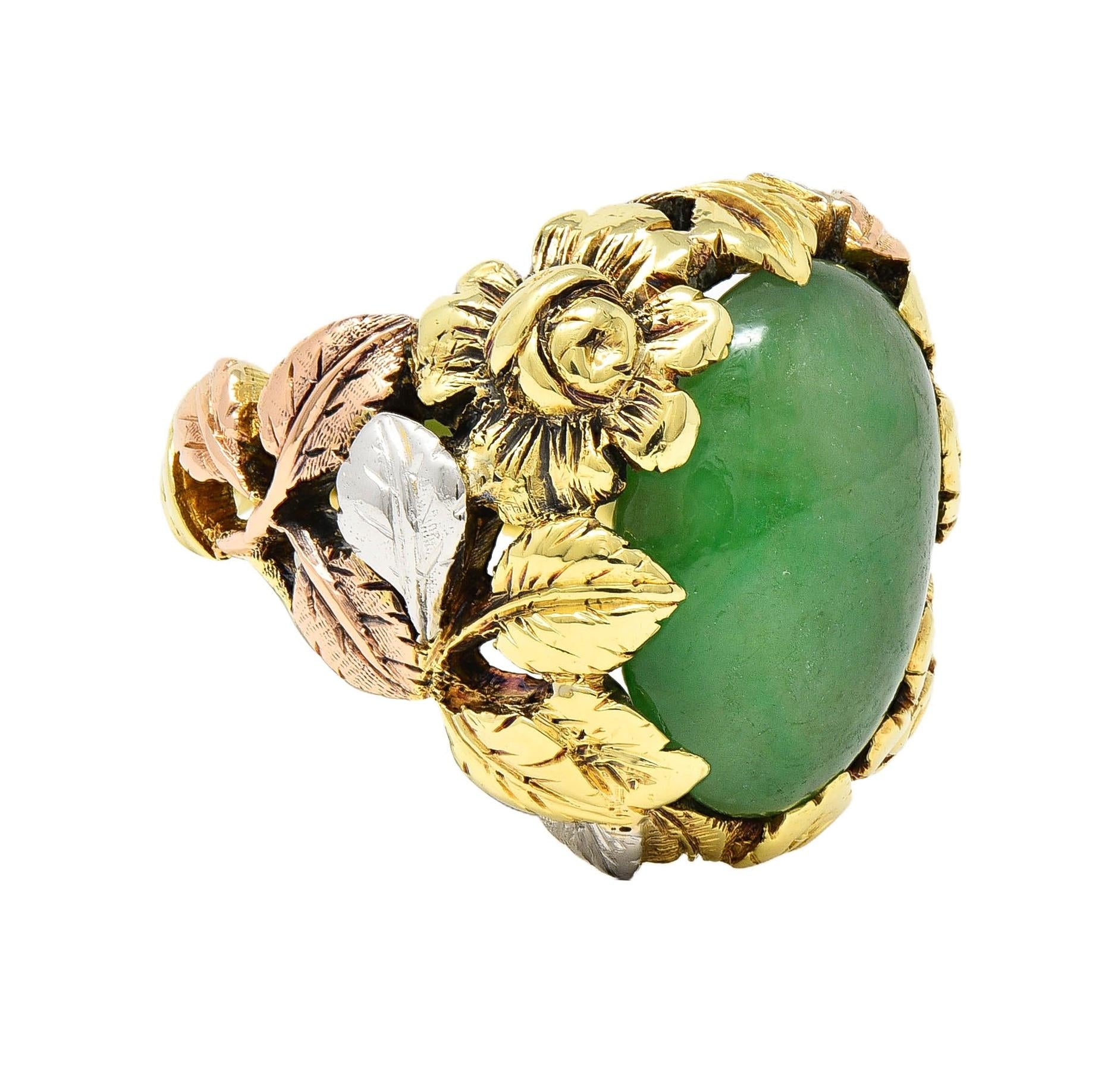 Arts & Crafts Jade Platinum 18 Karat Two-Tone Gold Antique Rose Signet Ring GIA