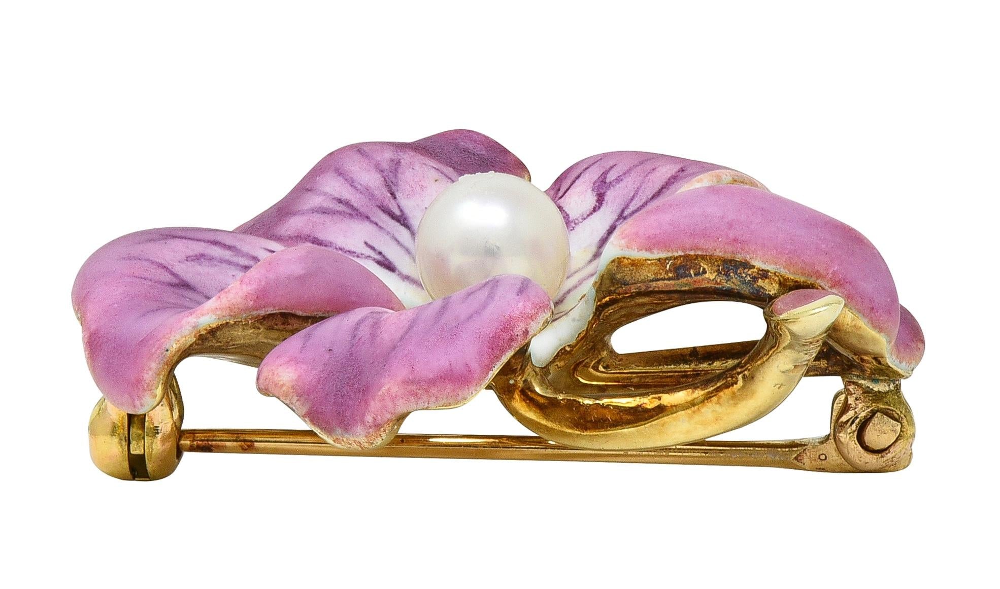 Art Nouveau Painted Enamel Pearl 14 Karat Yellow Gold Antique Flower Brooch