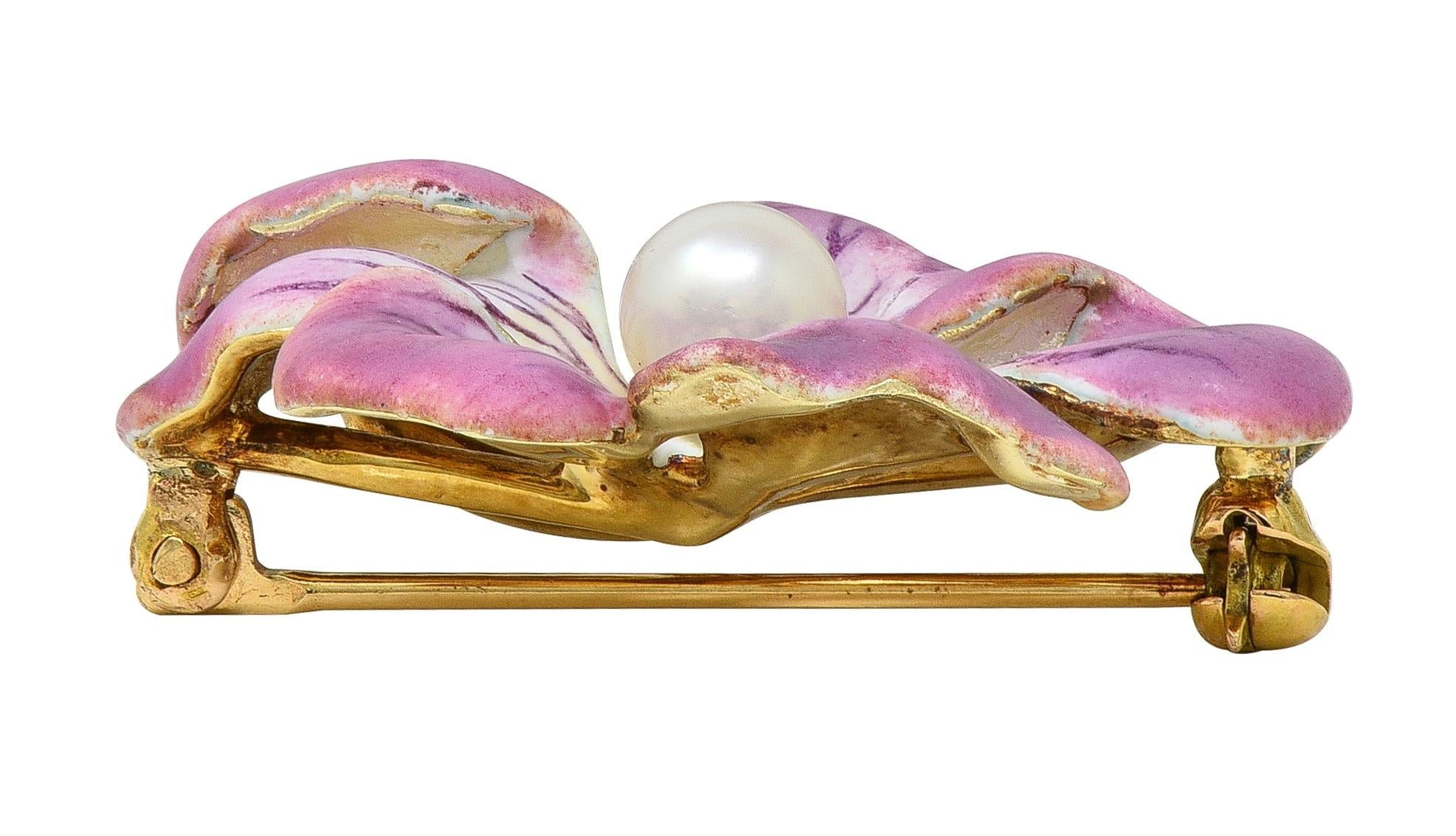 Art Nouveau Painted Enamel Pearl 14 Karat Yellow Gold Antique Flower Brooch