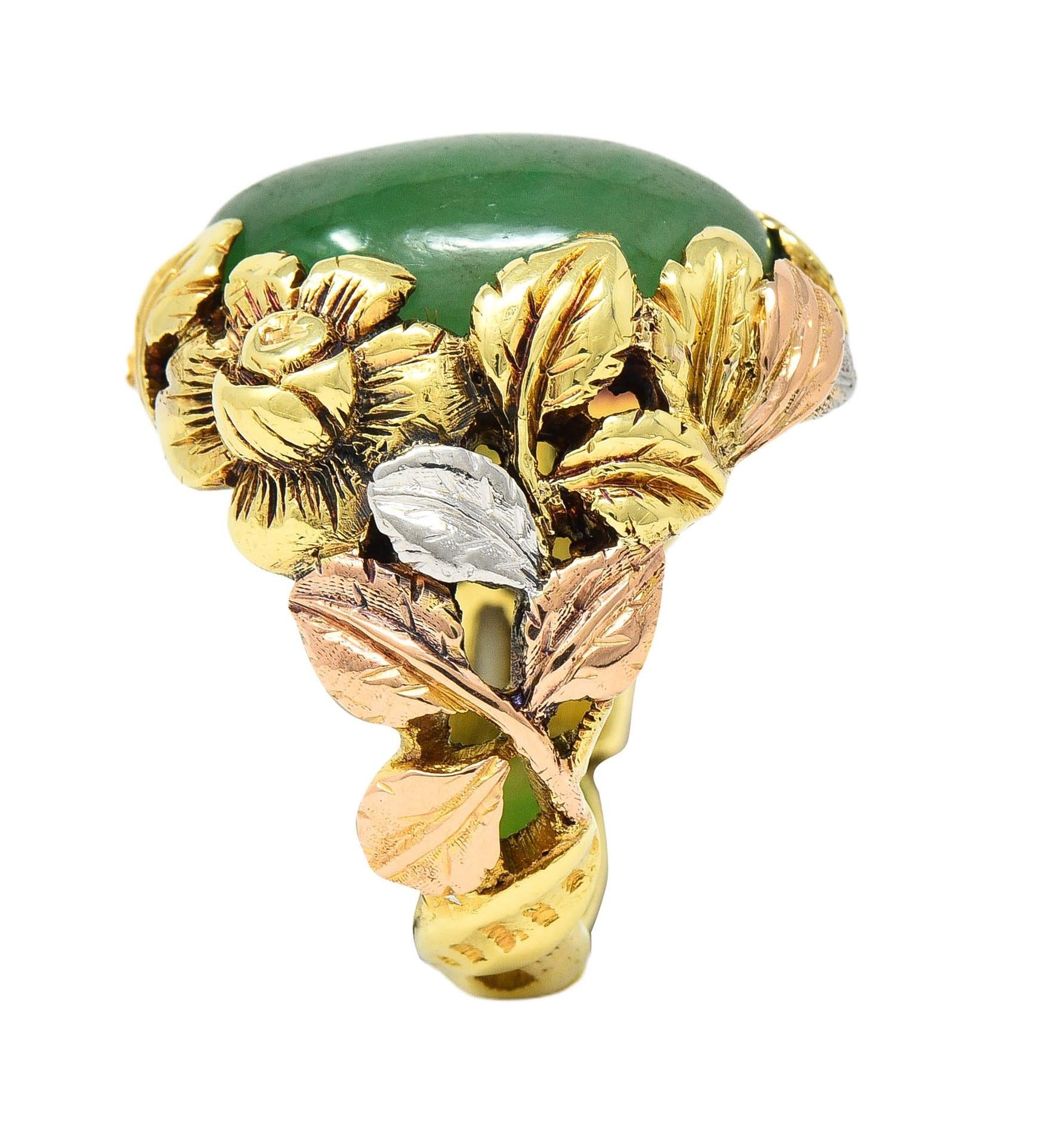 Arts & Crafts Jade Platinum 18 Karat Two-Tone Gold Antique Rose Signet Ring GIA