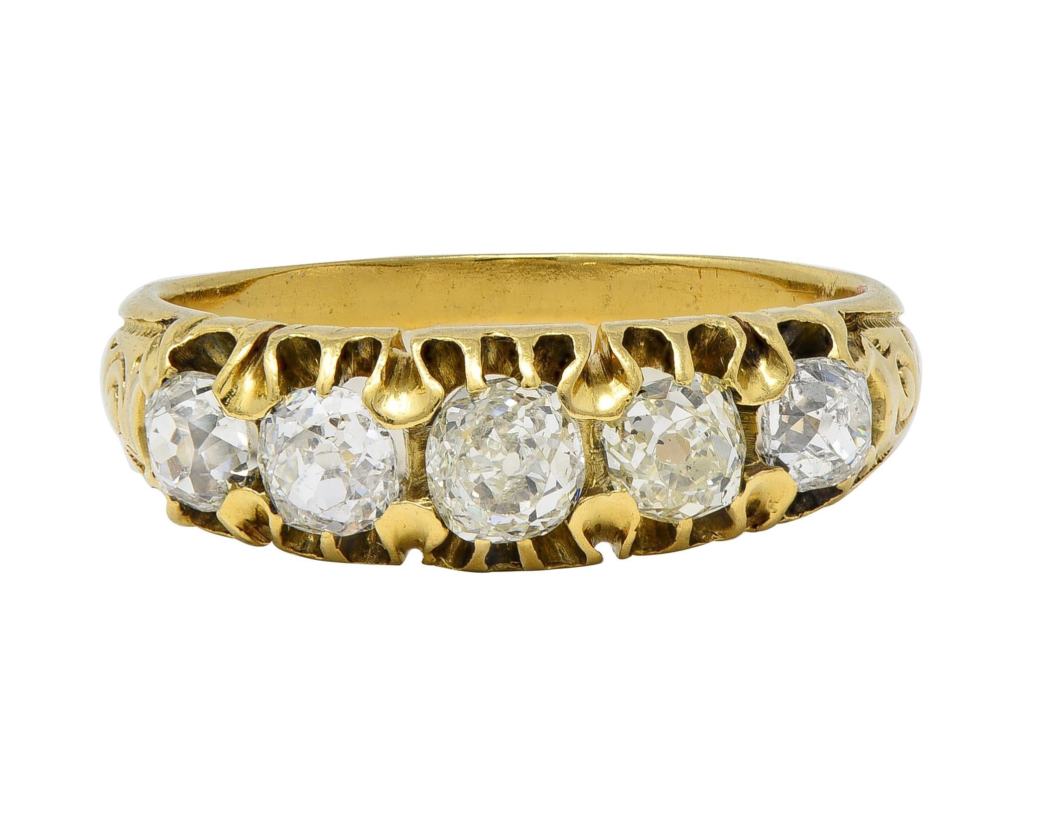 Victorian 0.95 CTW Old Mine Diamond 18K Gold Antique Five Stone Scroll Band Ring