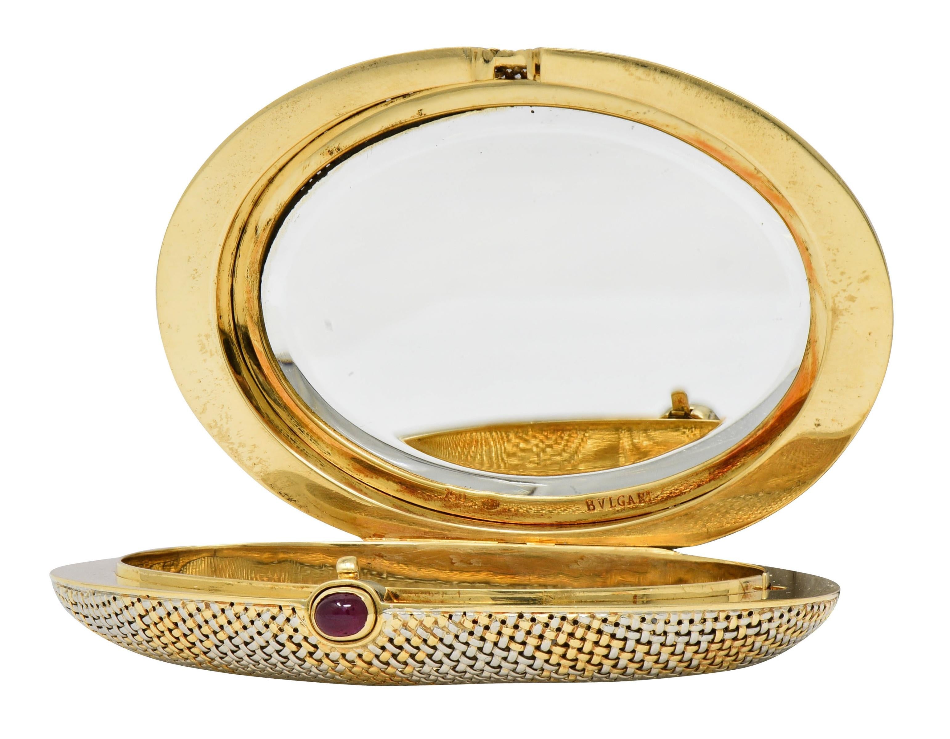 Bulgari 1960's Ruby 18 Karat Two-Tone Gold Vintage Gingham Mesh Mirror Compact