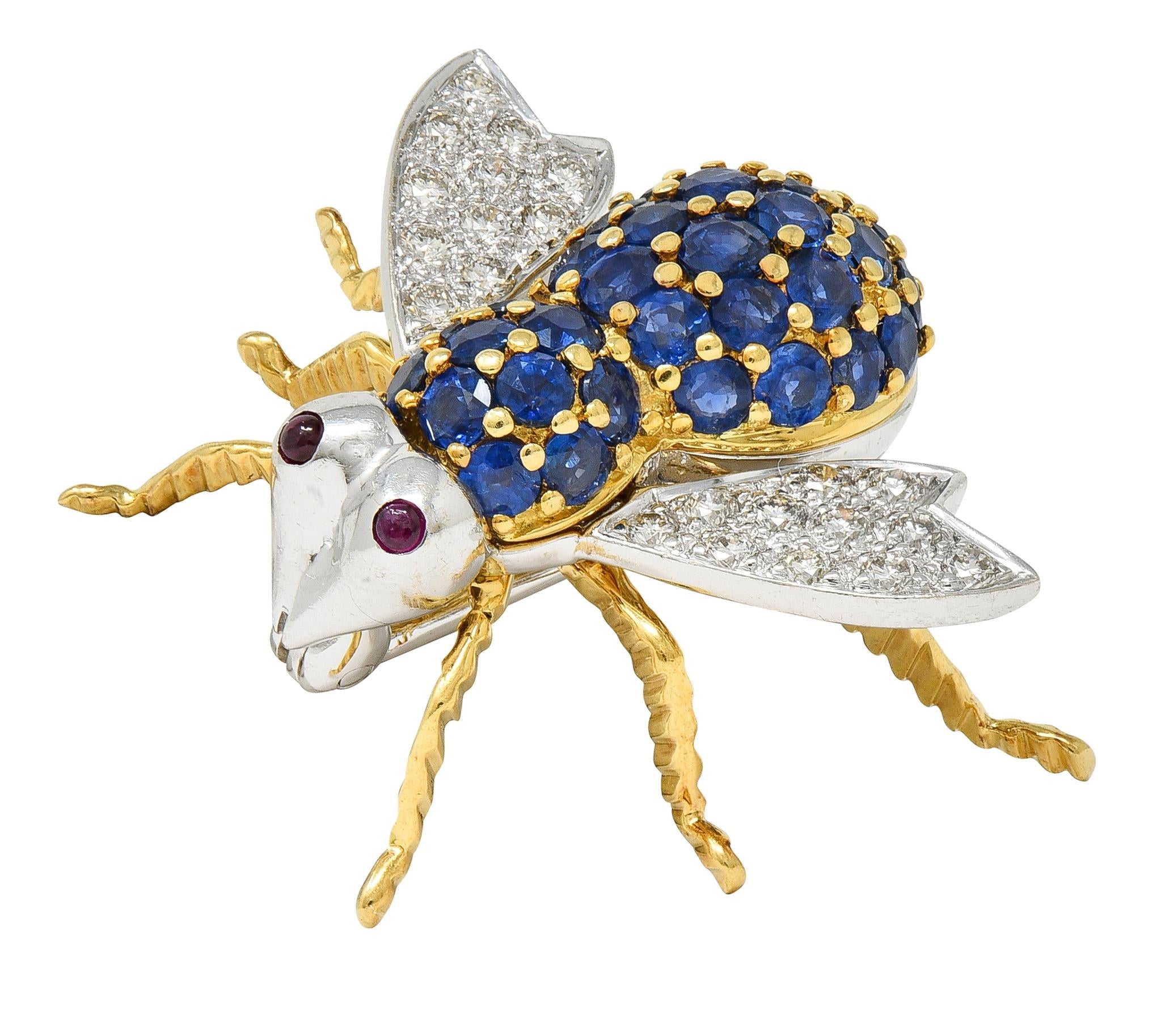 1960's Diamond Ruby Sapphire 18K Two-Tone Gold Vintage Bee Bug Brooch