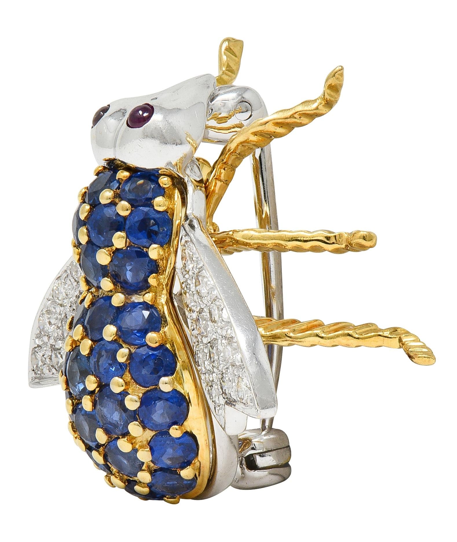 1960's Diamond Ruby Sapphire 18K Two-Tone Gold Vintage Bee Bug Brooch