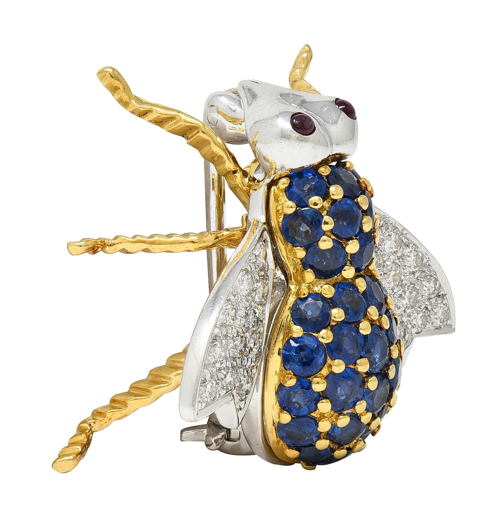 1960's Diamond Ruby Sapphire 18K Two-Tone Gold Vintage Bee Bug Brooch