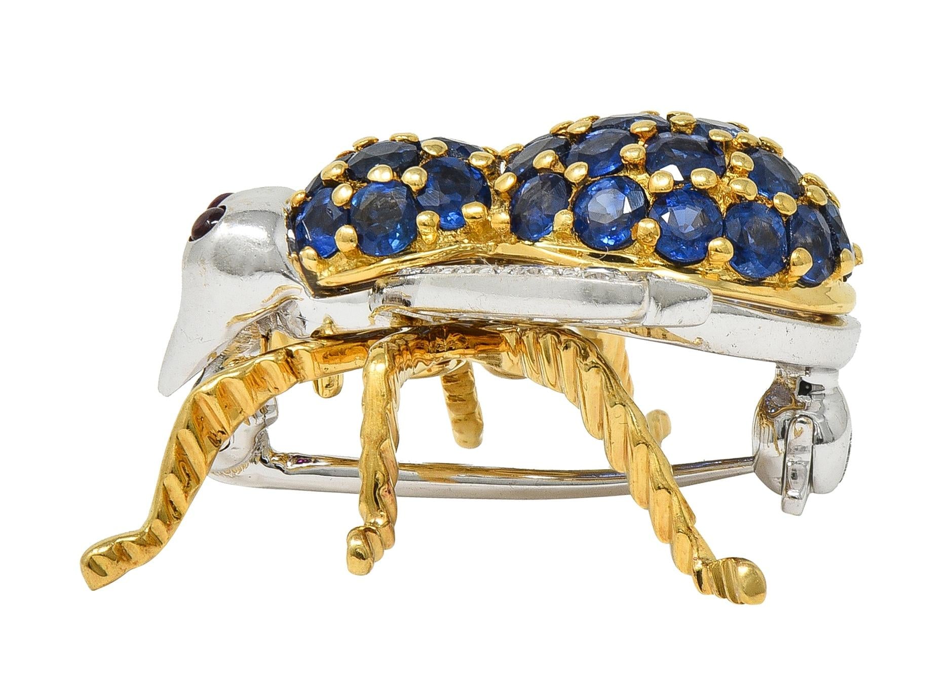 1960's Diamond Ruby Sapphire 18K Two-Tone Gold Vintage Bee Bug Brooch
