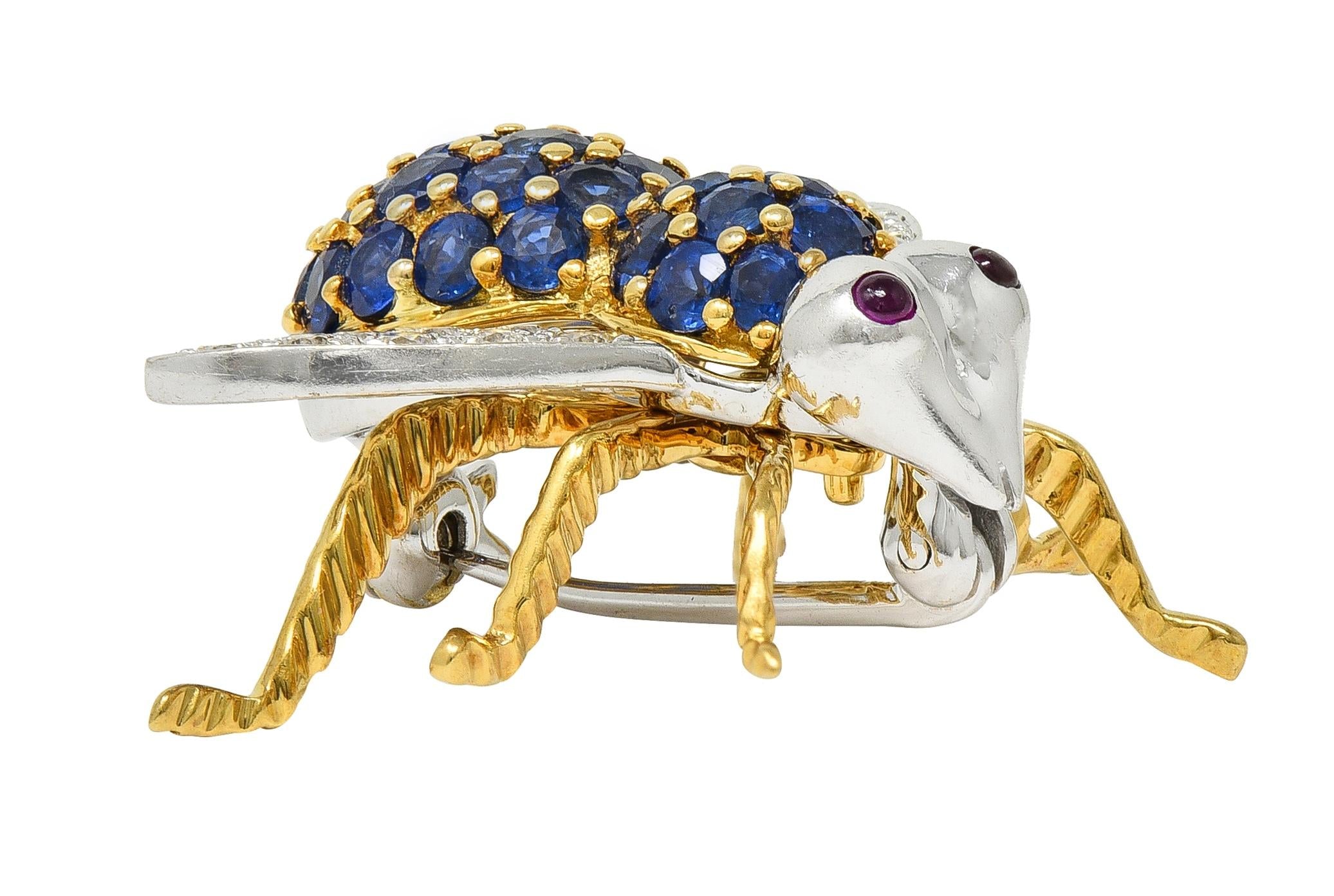 1960's Diamond Ruby Sapphire 18K Two-Tone Gold Vintage Bee Bug Brooch