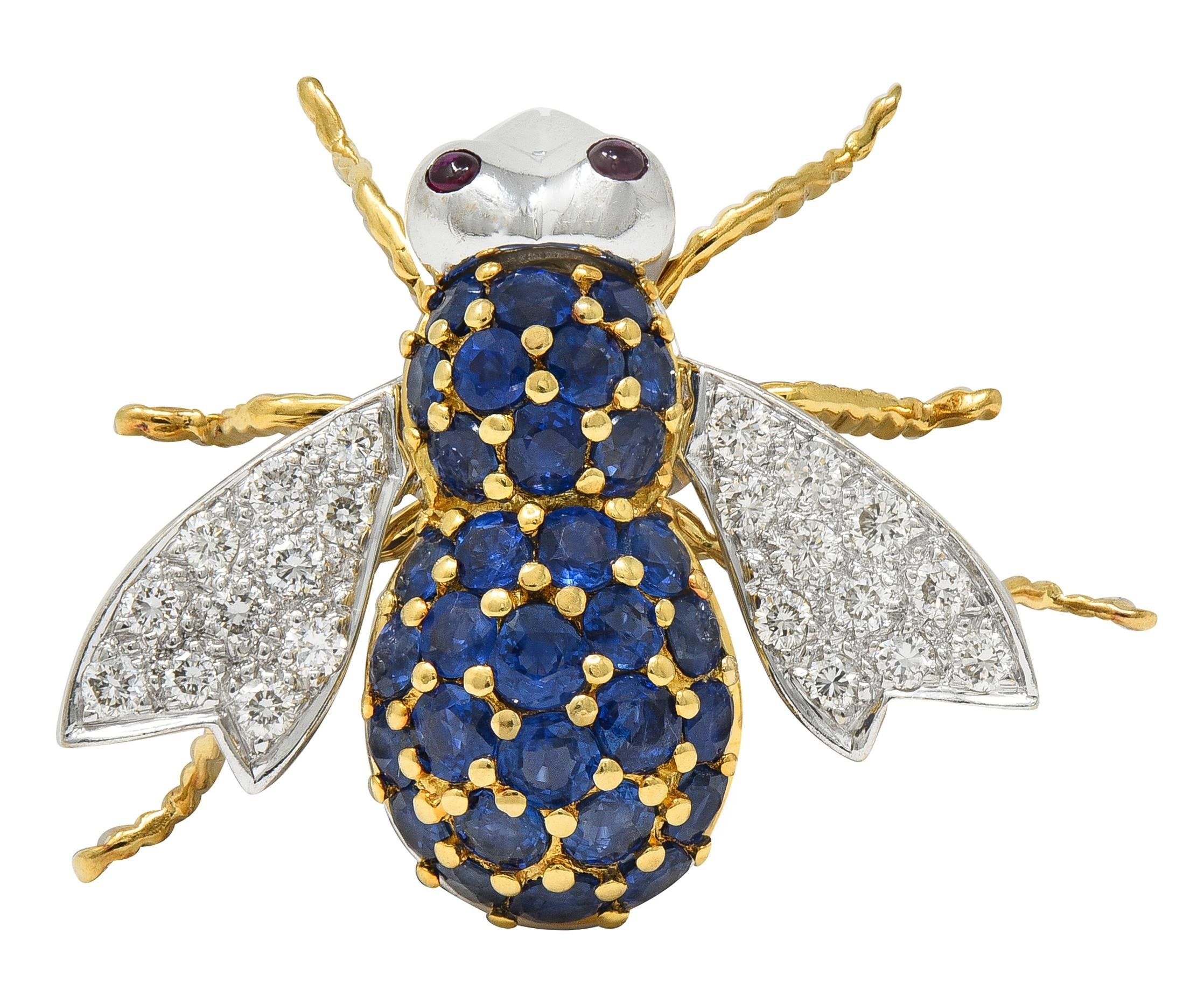 1960's Diamond Ruby Sapphire 18K Two-Tone Gold Vintage Bee Bug Brooch