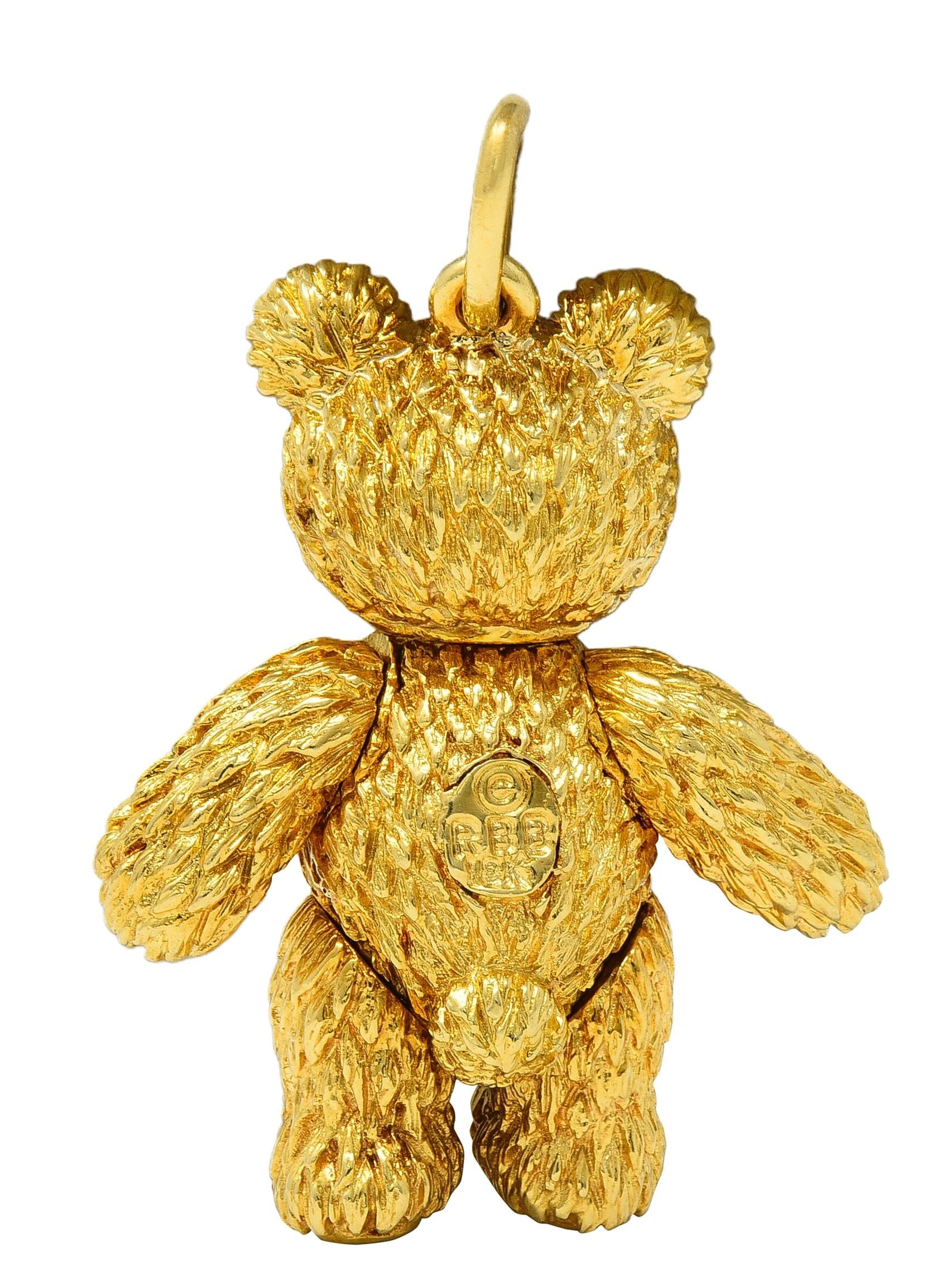 Robert Beilka Ruby 18K Yellow Gold Vintage Articulating Teddy Bear Pendant Charm
