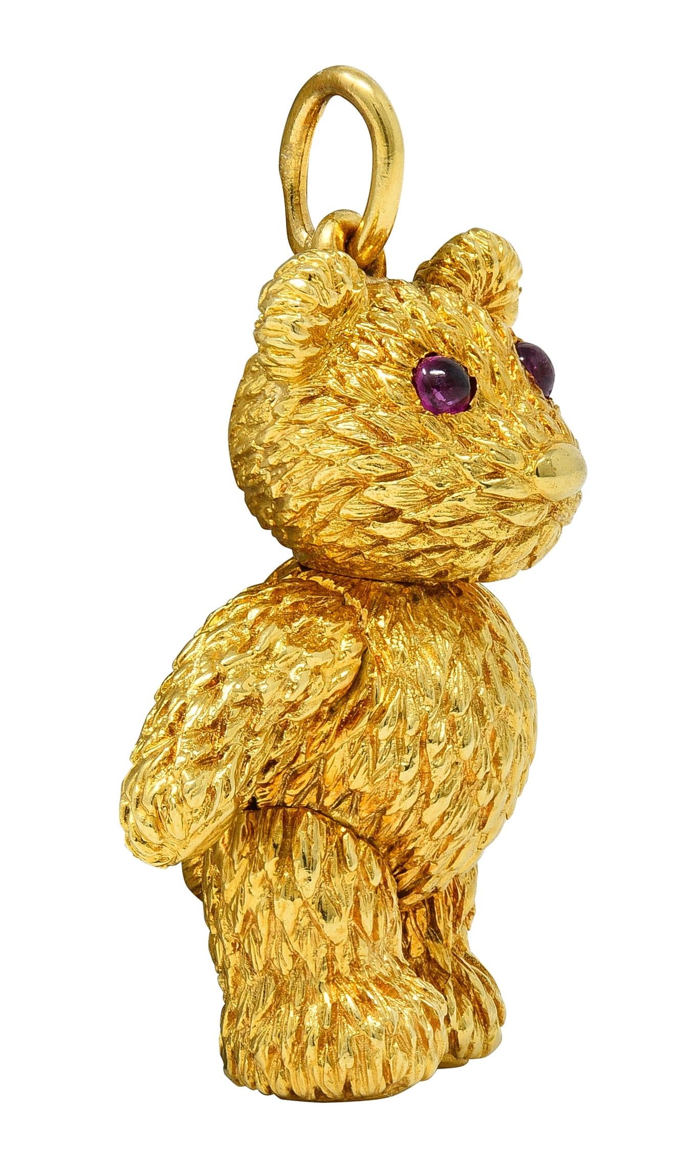 Robert Beilka Ruby 18K Yellow Gold Vintage Articulating Teddy Bear Pendant Charm