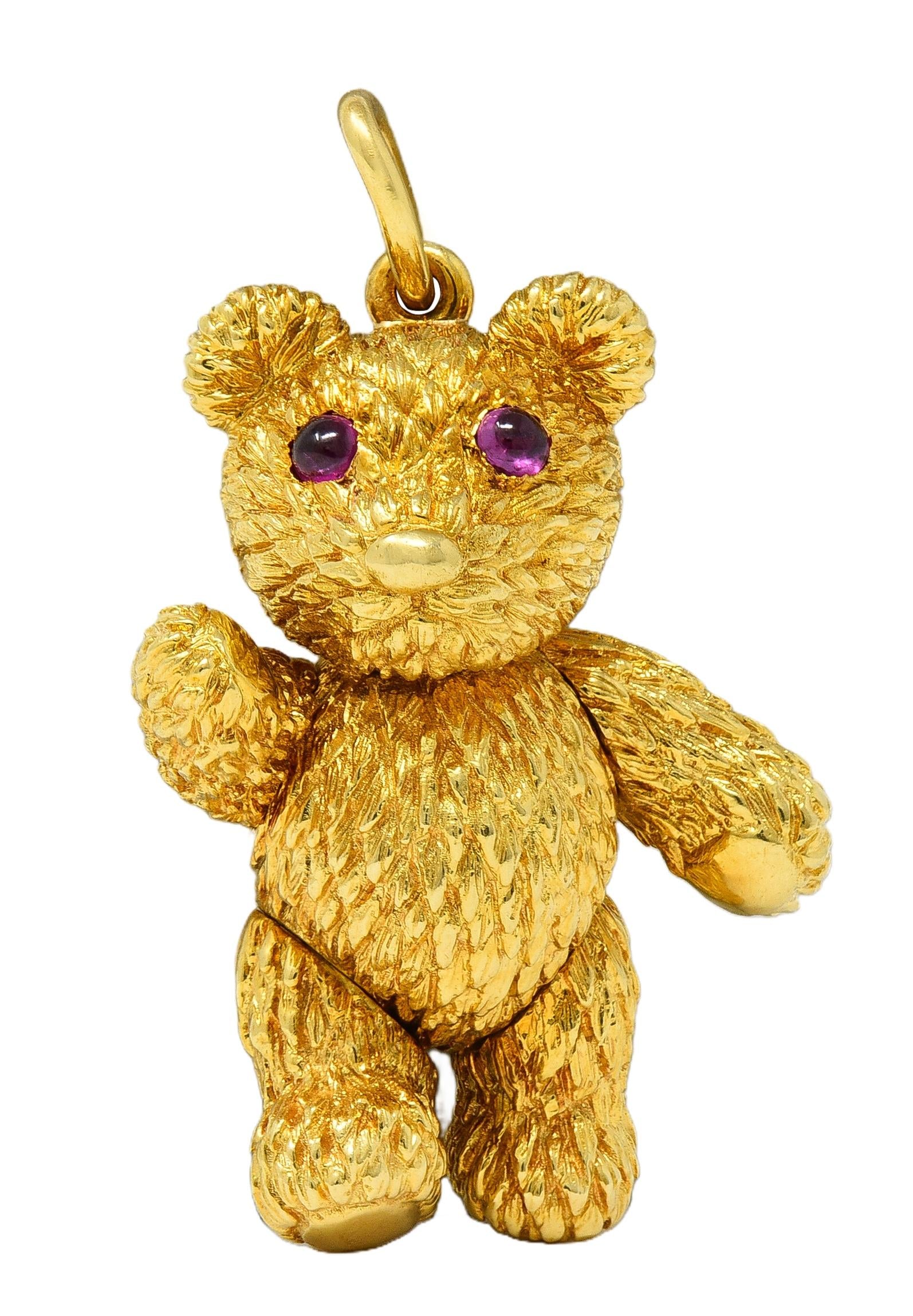Robert Beilka Ruby 18K Yellow Gold Vintage Articulating Teddy Bear Pendant Charm