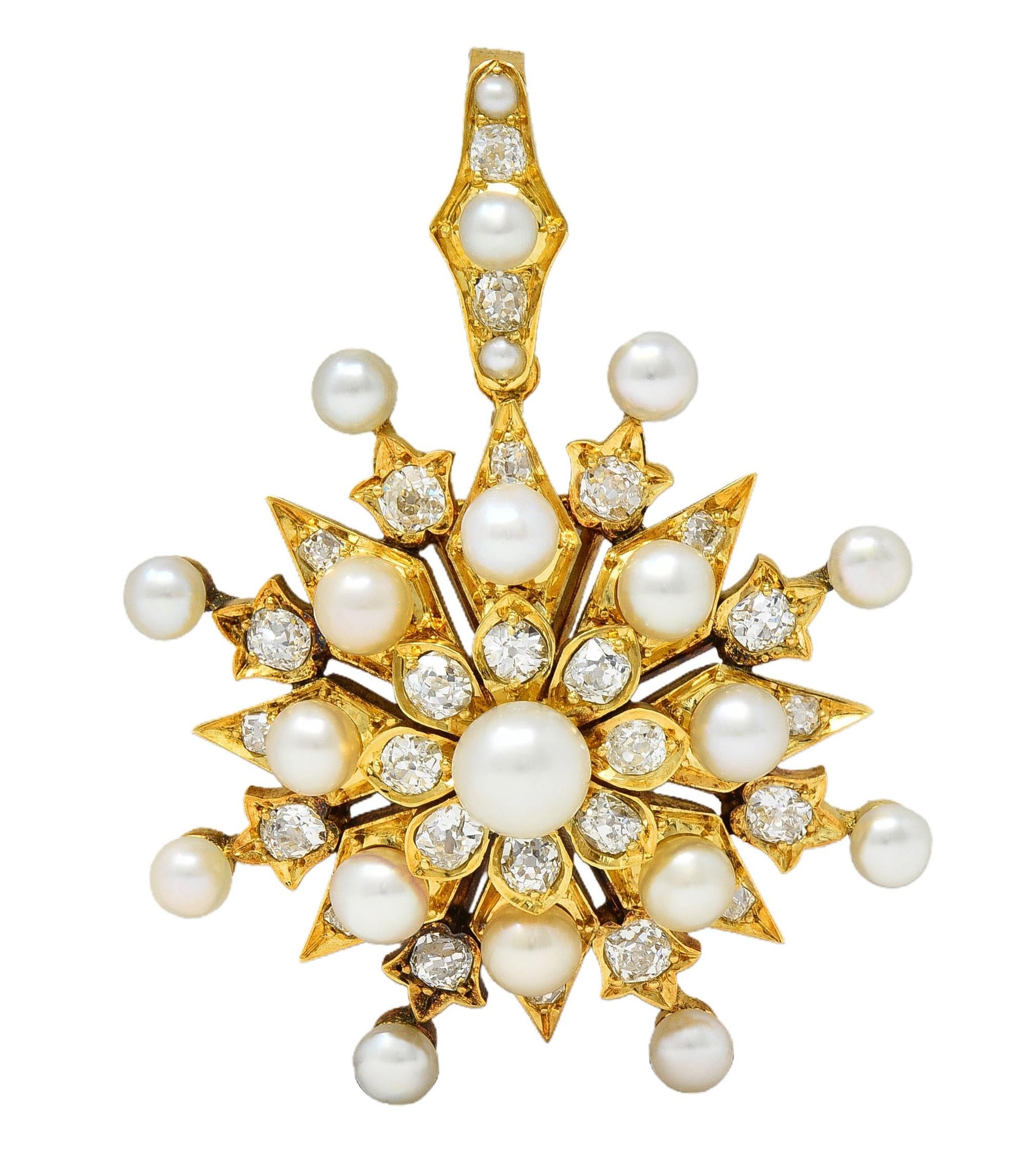 Victorian Diamond Natural Pearl 18K Yellow Gold Antique Starburst Pendant