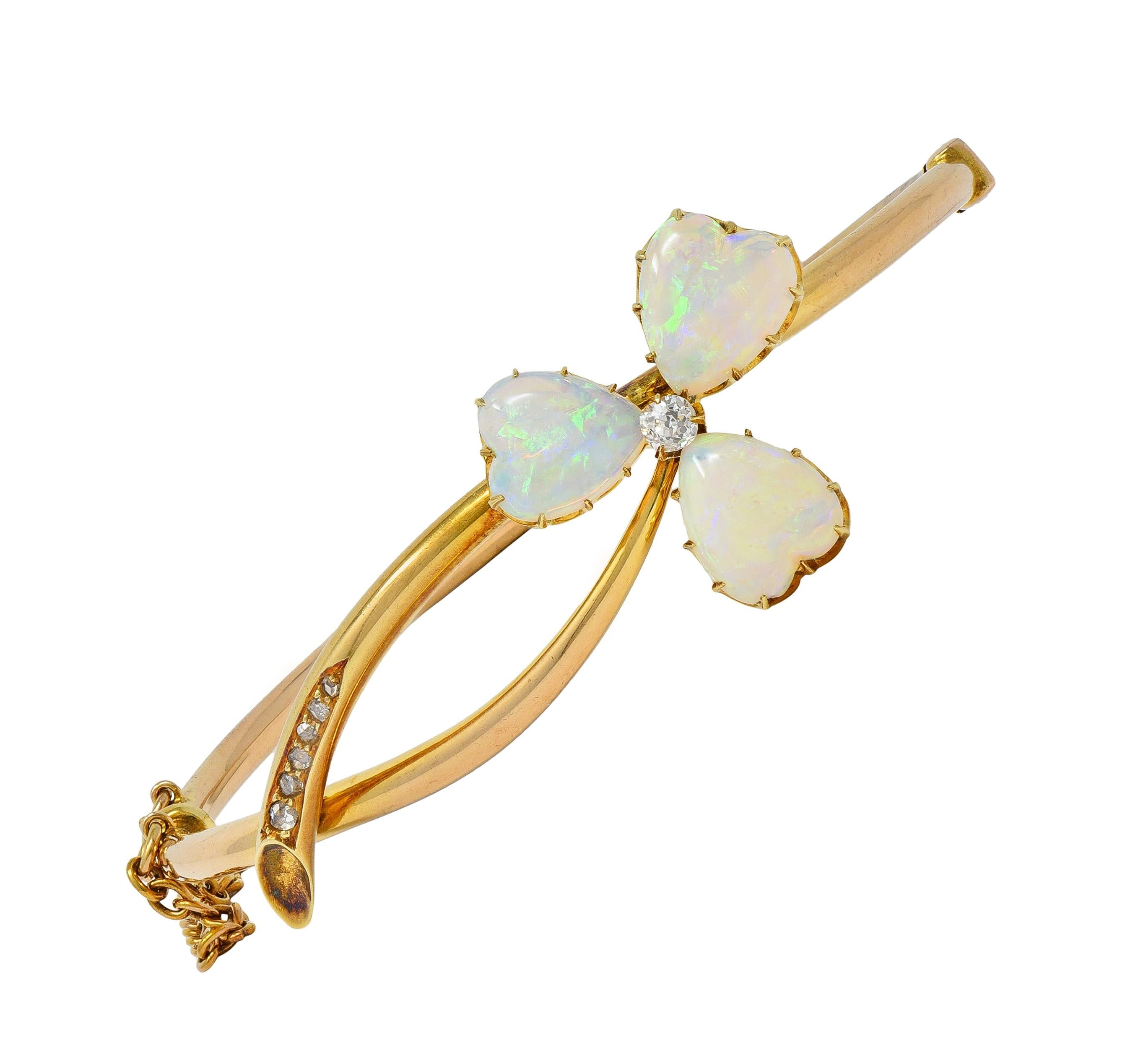 Victorian Opal Diamond 14 Karat Gold Antique Bypass Clover Bangle Bracelet