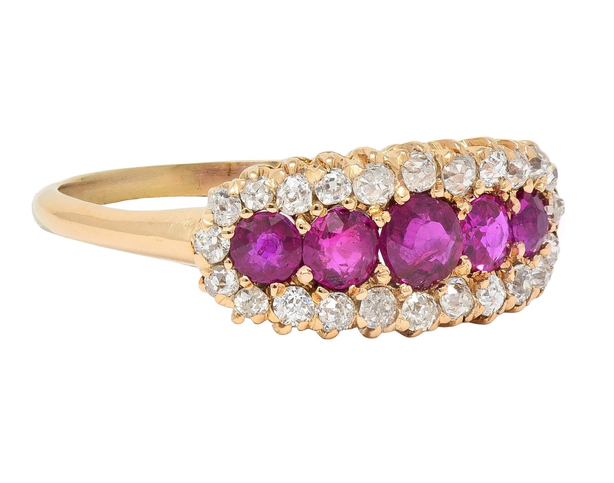 Victorian 1.33 CTW Ruby Diamond 14 Karat Yellow Gold Antique Five Stone Ring