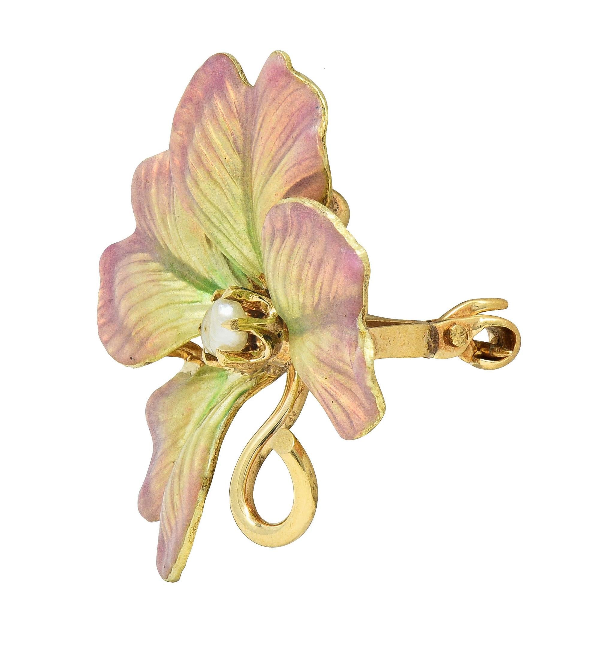 Art Nouveau Pearl Enamel 14 Karat Yellow Gold Antique Clover Brooch