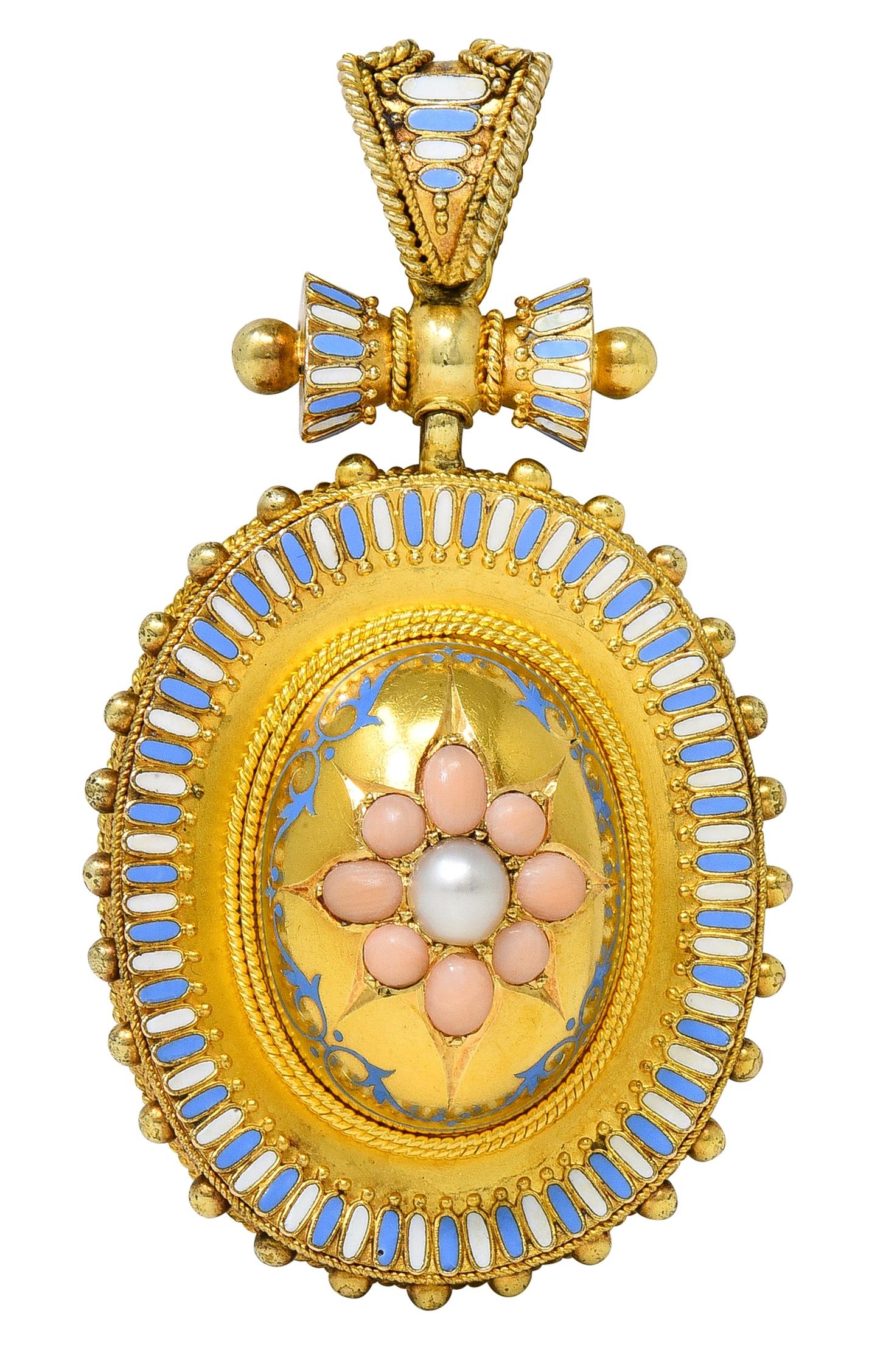 Victorian Etruscan Revival Multi-Gem Enamel 14K Gold Antique Star Locket Pendant