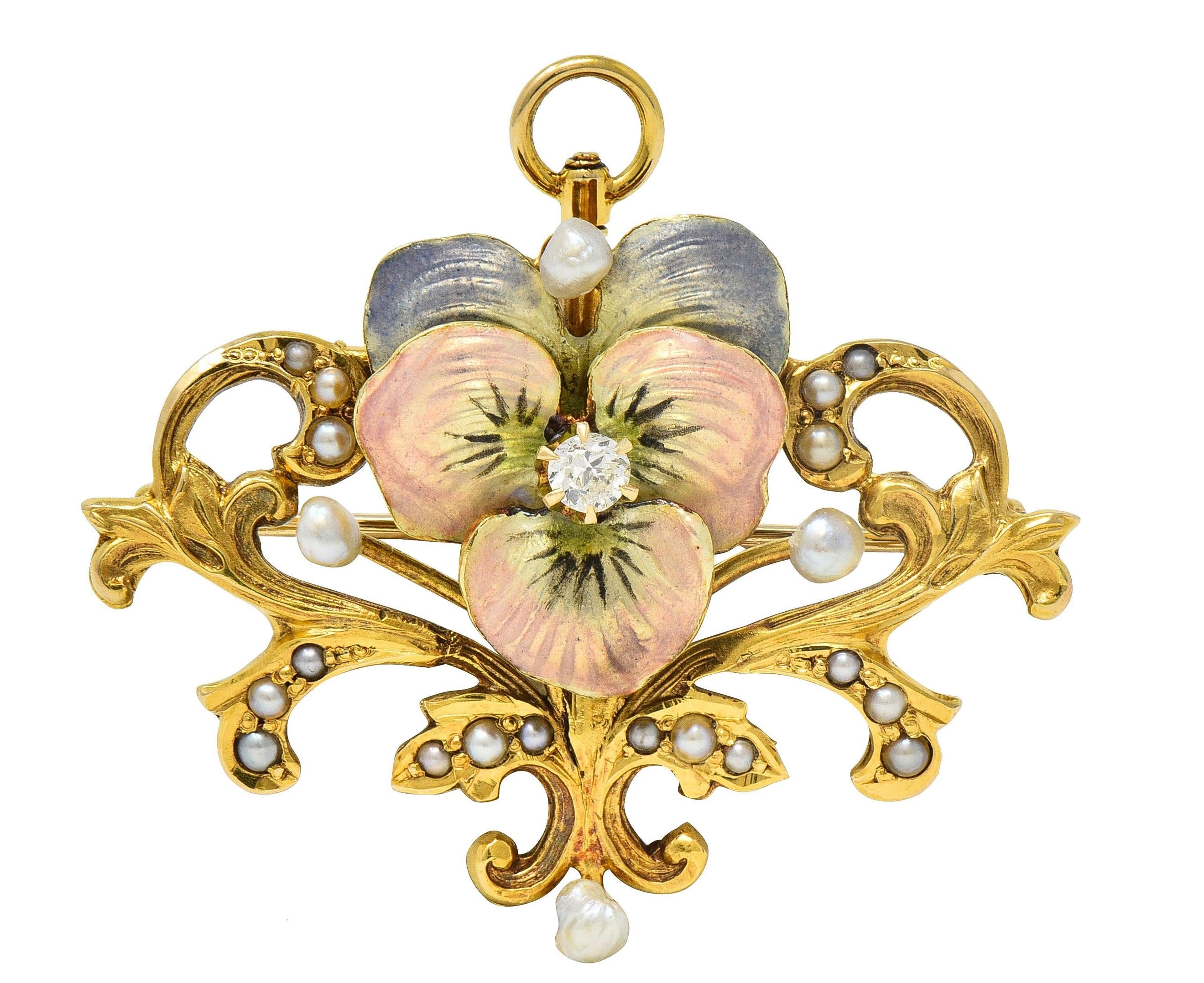 Art Nouveau Diamond Pearl Enamel 14K Yellow Gold Antique Flower Pendant Brooch