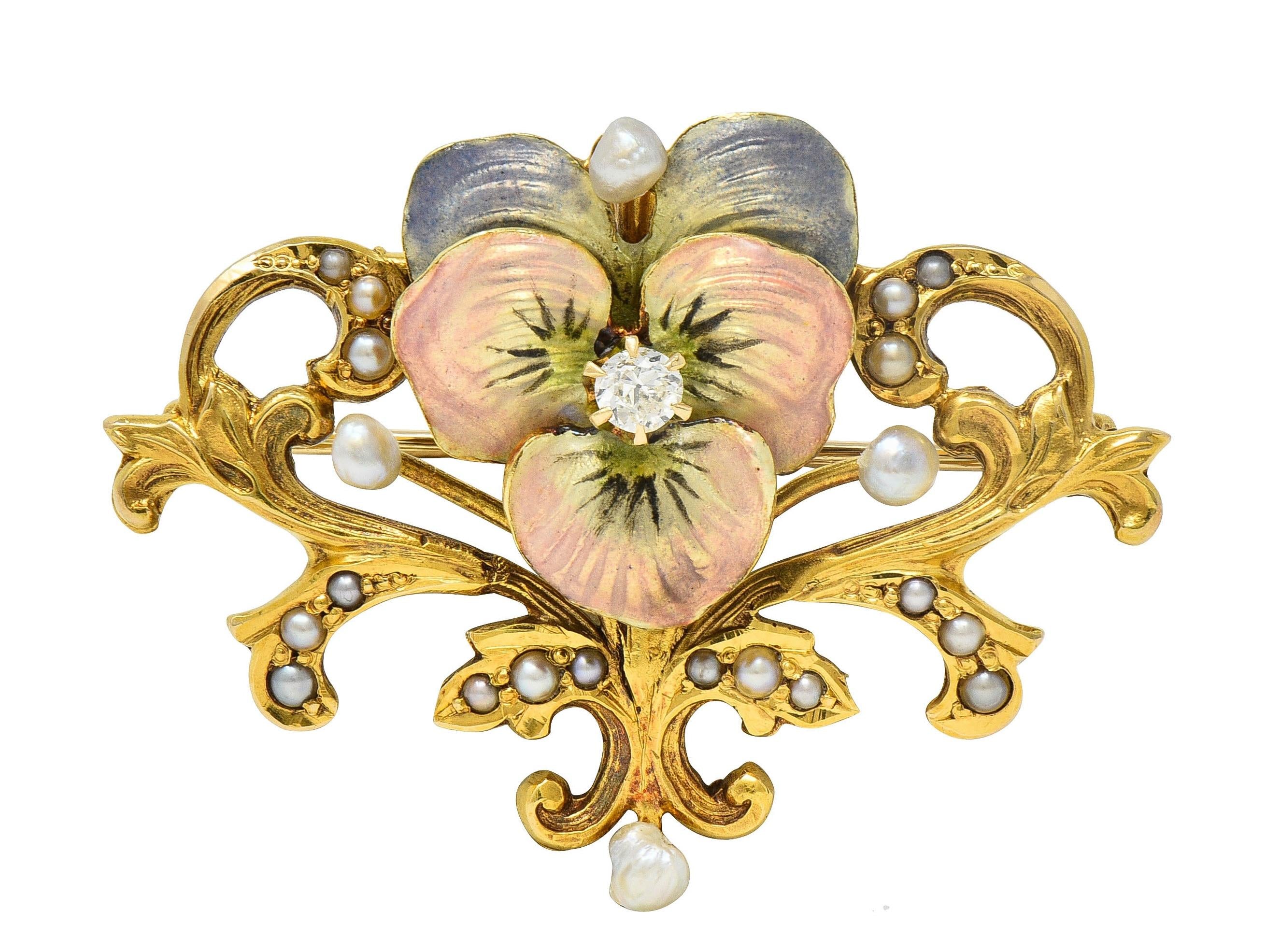 Art Nouveau Diamond Pearl Enamel 14K Yellow Gold Antique Flower Pendant Brooch