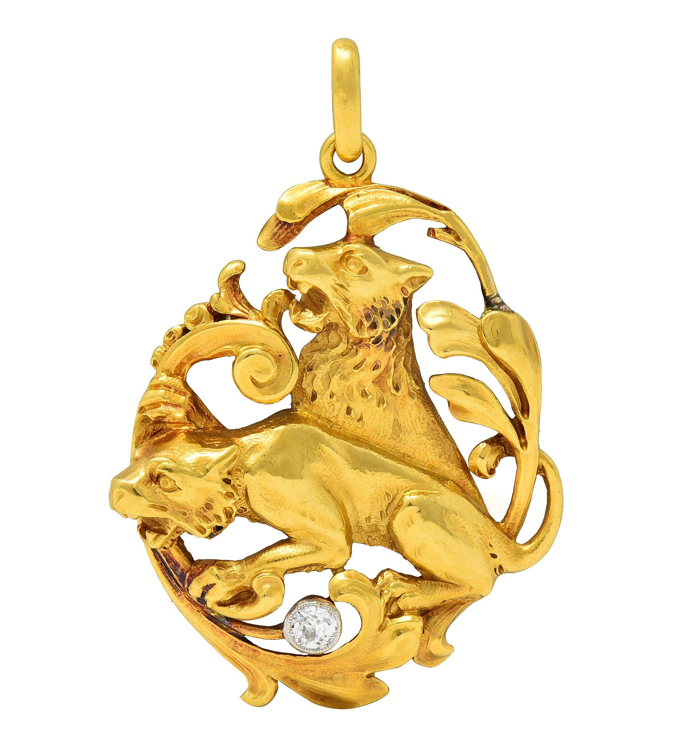 Art Nouveau Diamond Platinum 18 Karat Yellow Gold Antique Lion Pendant