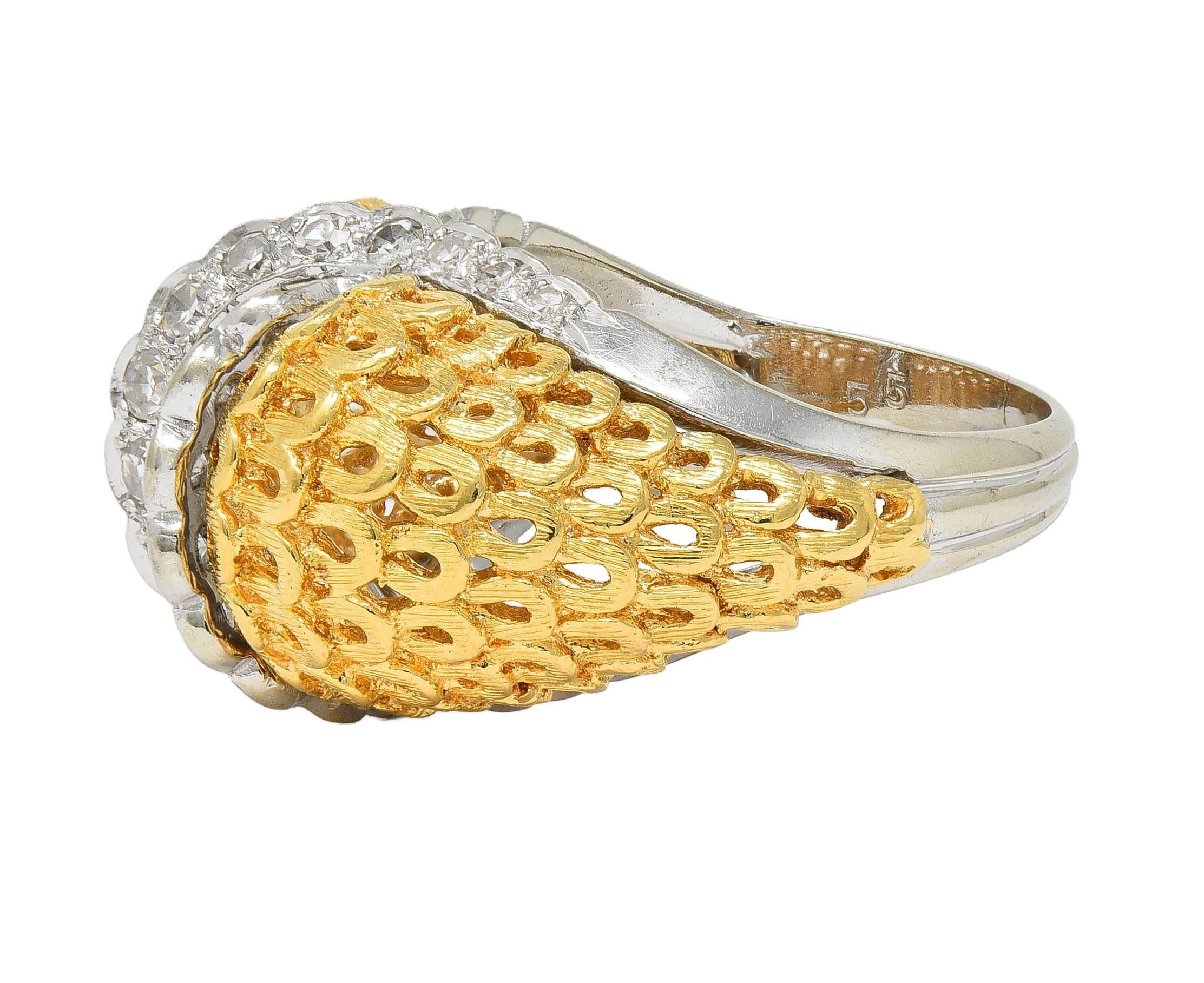 Mid-Century 0.66 CTW Diamond 18 Karat Two-Tone Gold Vintage Domed Cocktail Ring