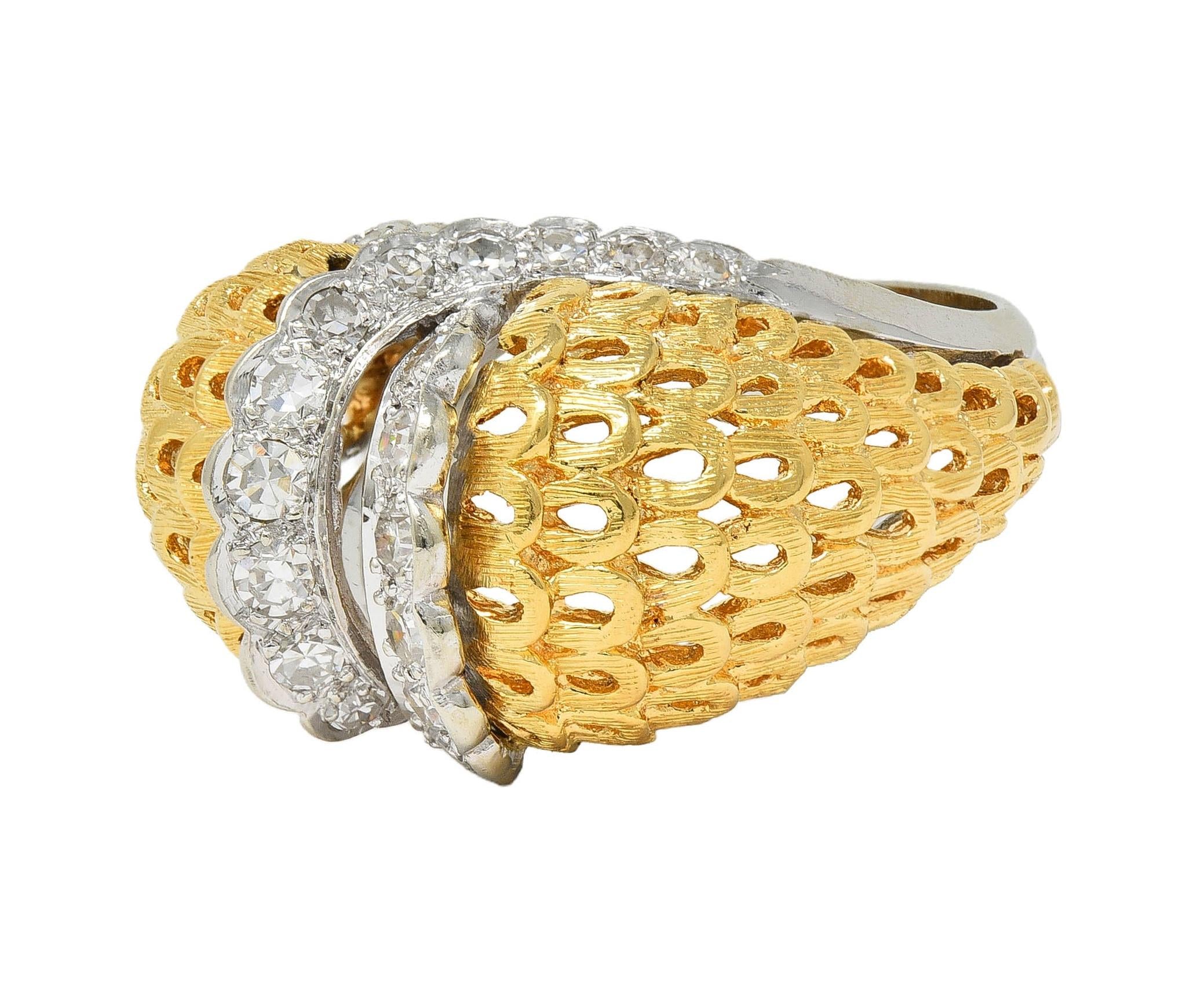 Mid-Century 0.66 CTW Diamond 18 Karat Two-Tone Gold Vintage Domed Cocktail Ring