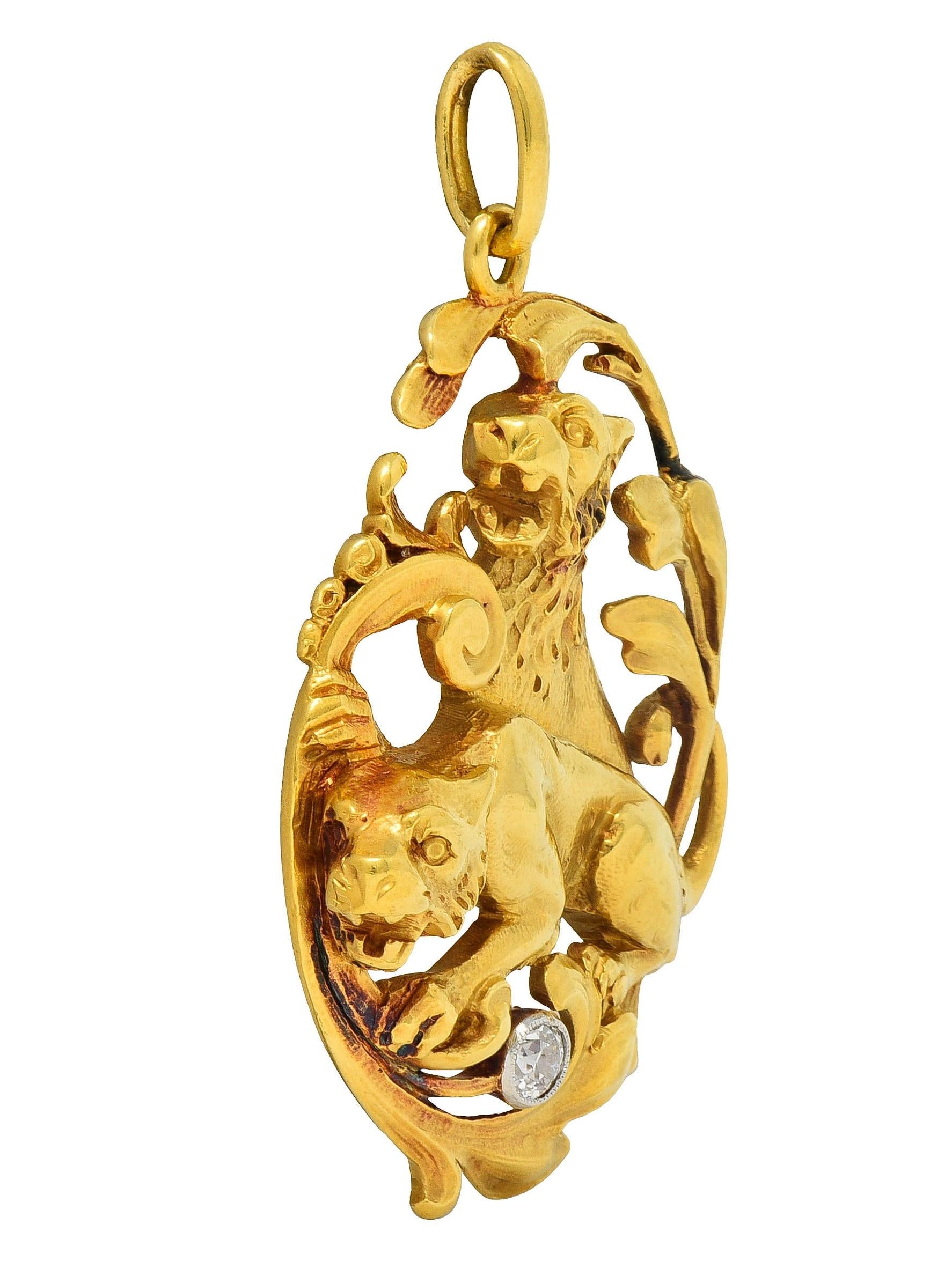 Art Nouveau Diamond Platinum 18 Karat Yellow Gold Antique Lion Pendant