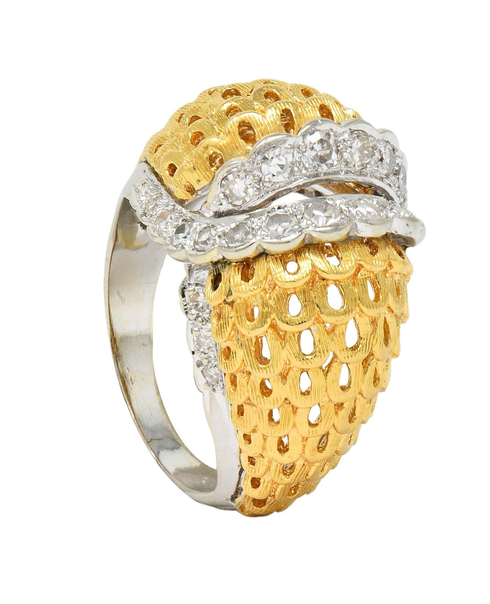 Mid-Century 0.66 CTW Diamond 18 Karat Two-Tone Gold Vintage Domed Cocktail Ring