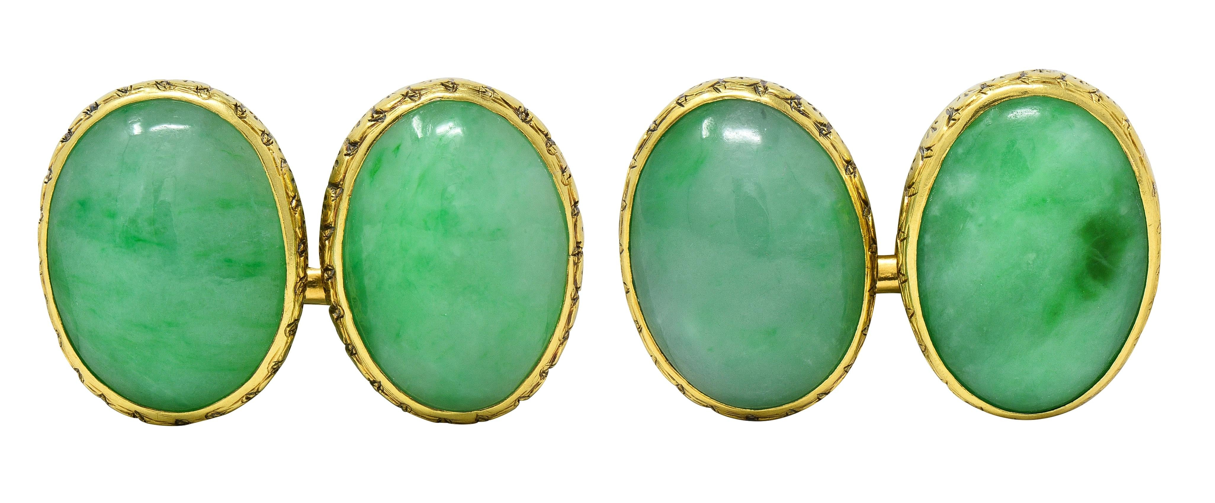 Tiffany & Co. Early Art Deco Jadeite Jade 18 Karat Yellow Gold Antique Cufflinks
