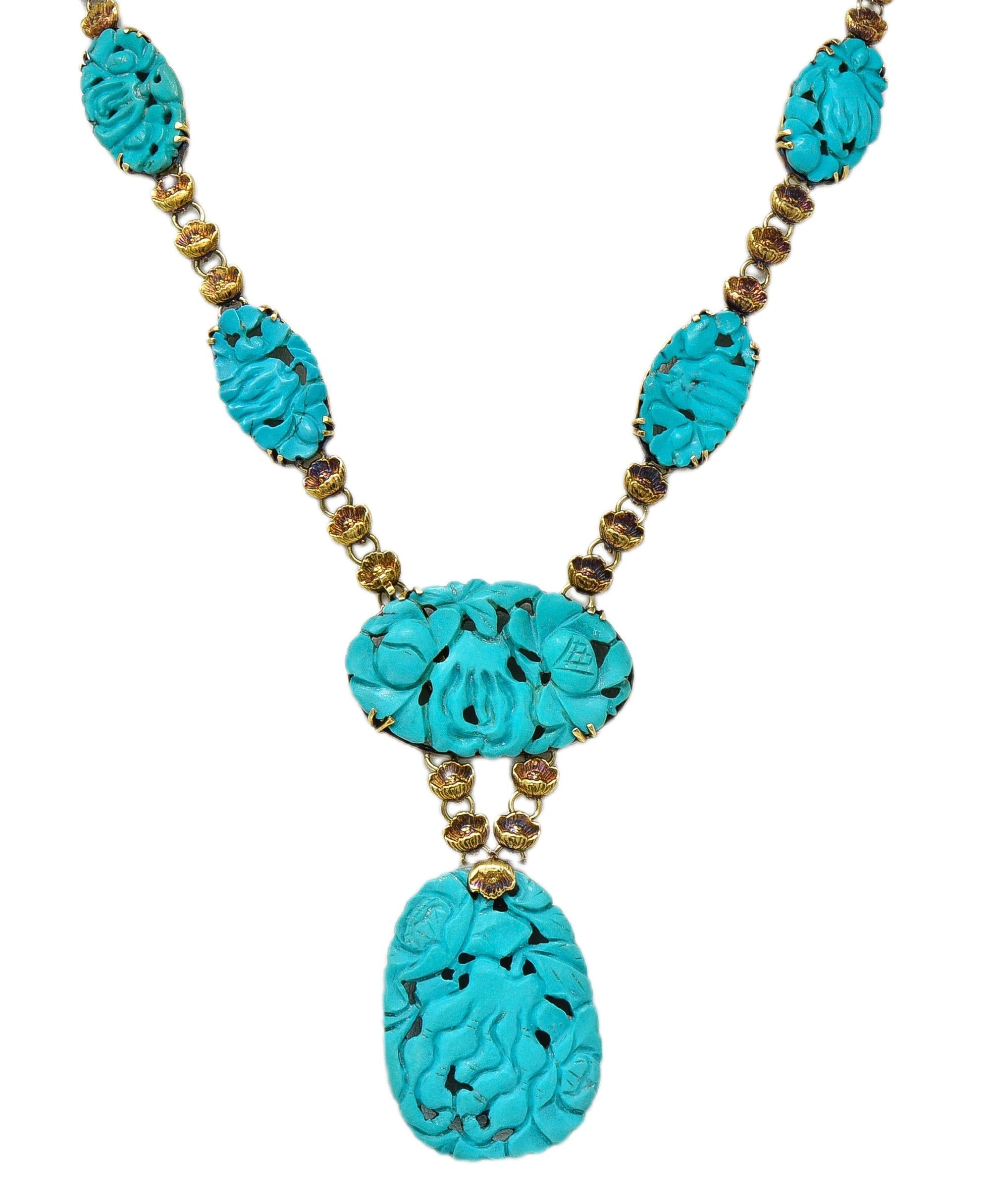 Walter Lampl Art Nouveau Turquoise 14K Gold Antique Floral Drop Necklace