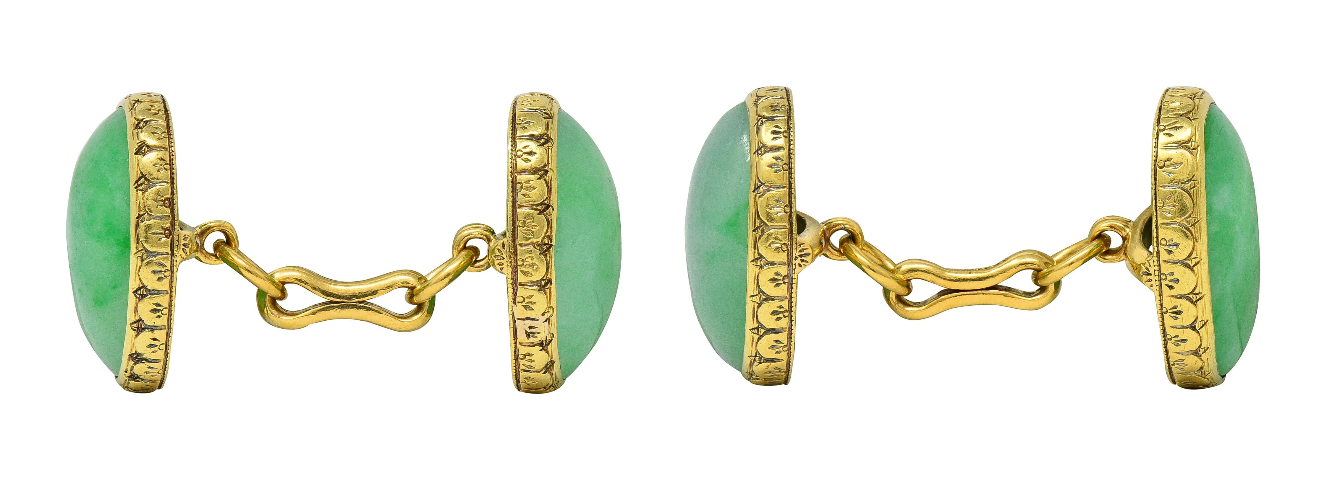Tiffany & Co. Early Art Deco Jadeite Jade 18 Karat Yellow Gold Antique Cufflinks