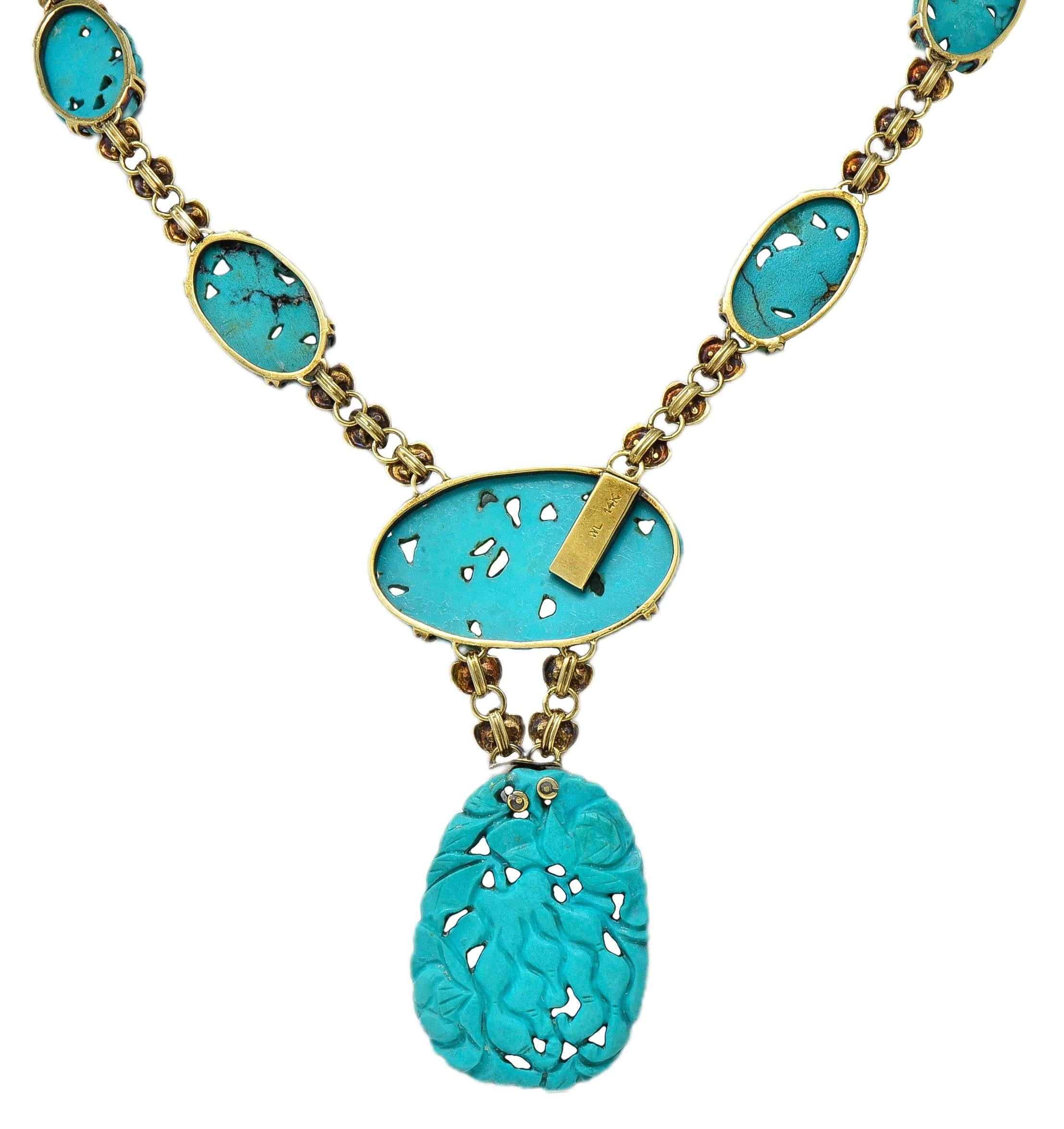 Walter Lampl Art Nouveau Turquoise 14K Gold Antique Floral Drop Necklace