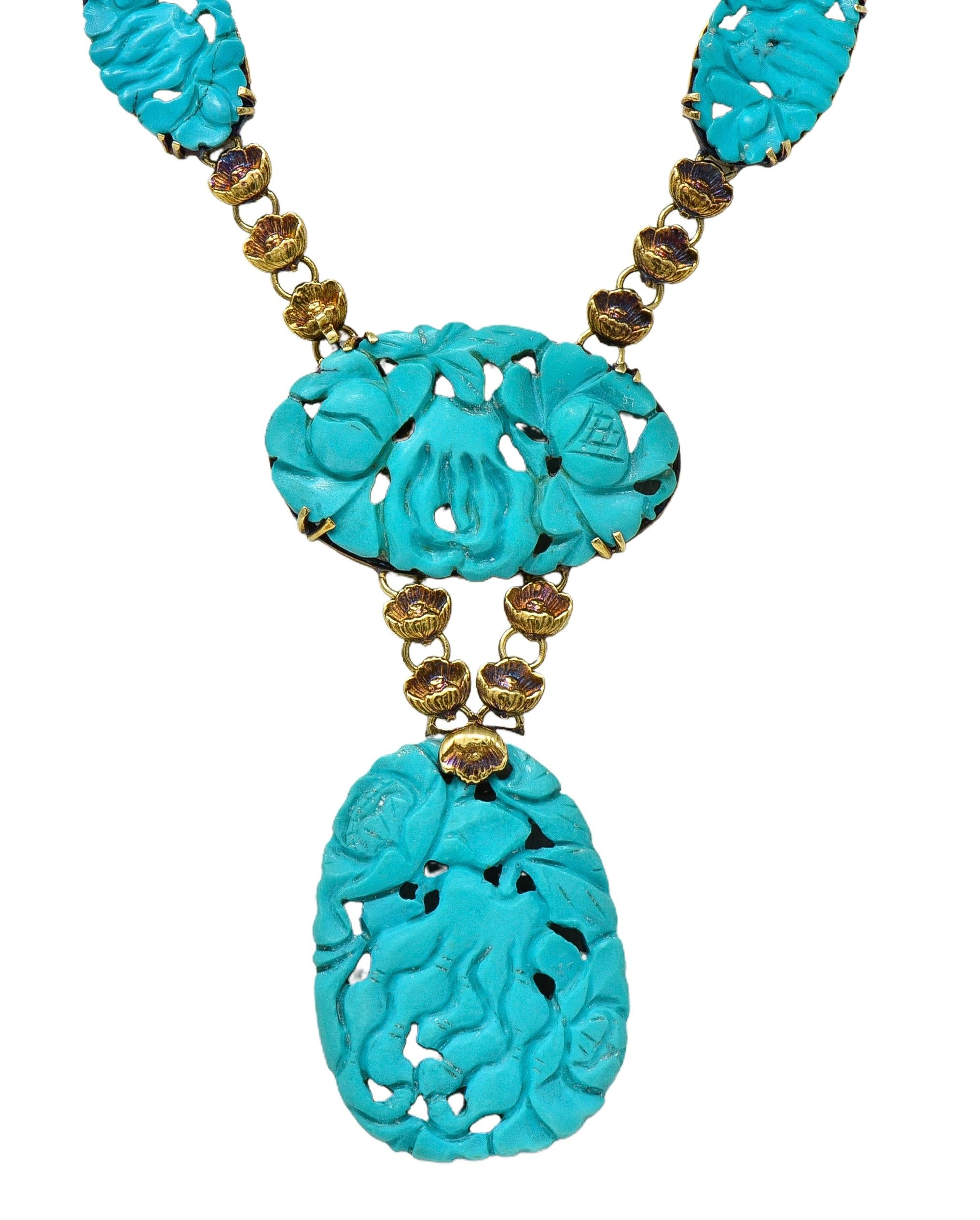 Walter Lampl Art Nouveau Turquoise 14K Gold Antique Floral Drop Necklace