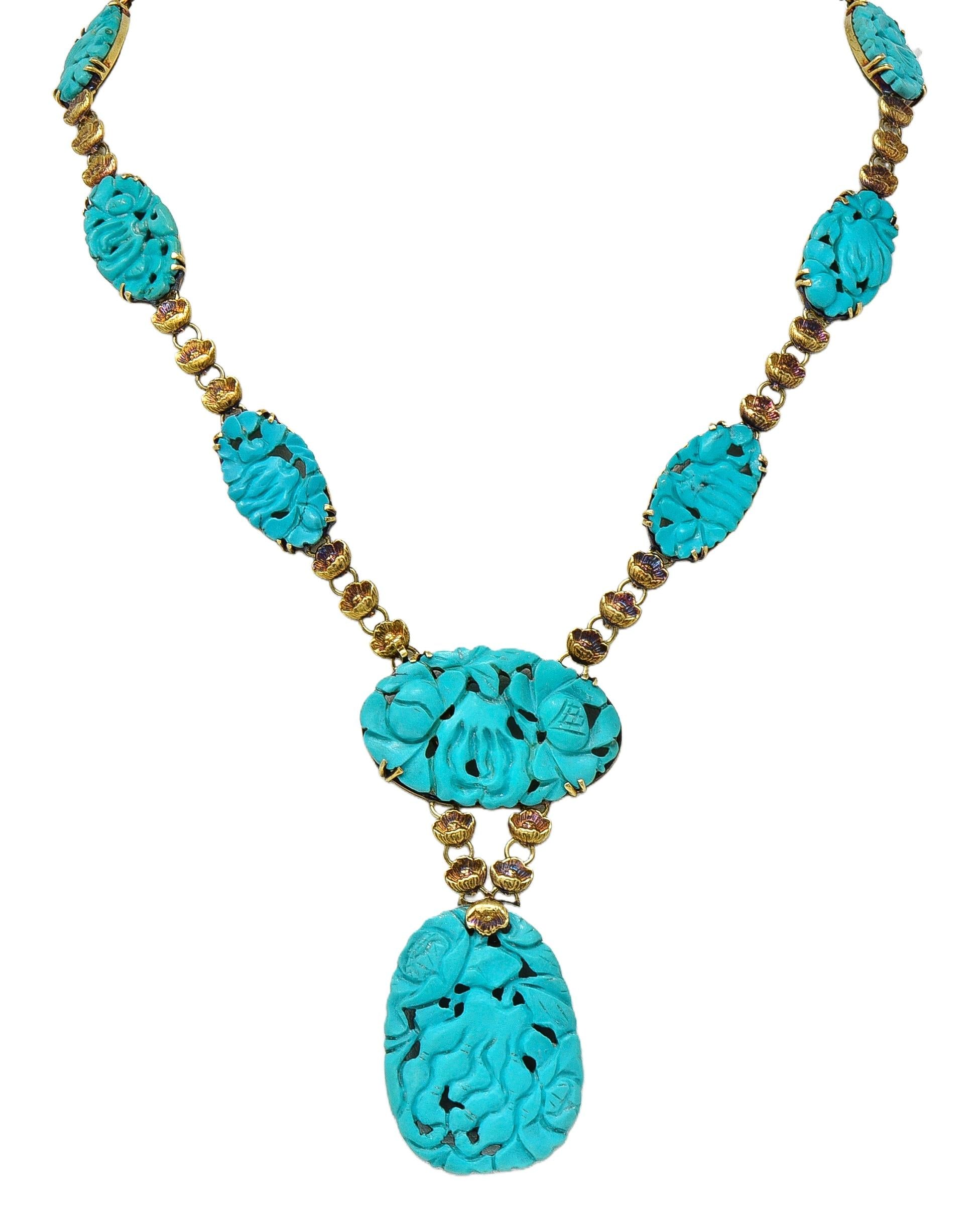 Walter Lampl Art Nouveau Turquoise 14K Gold Antique Floral Drop Necklace